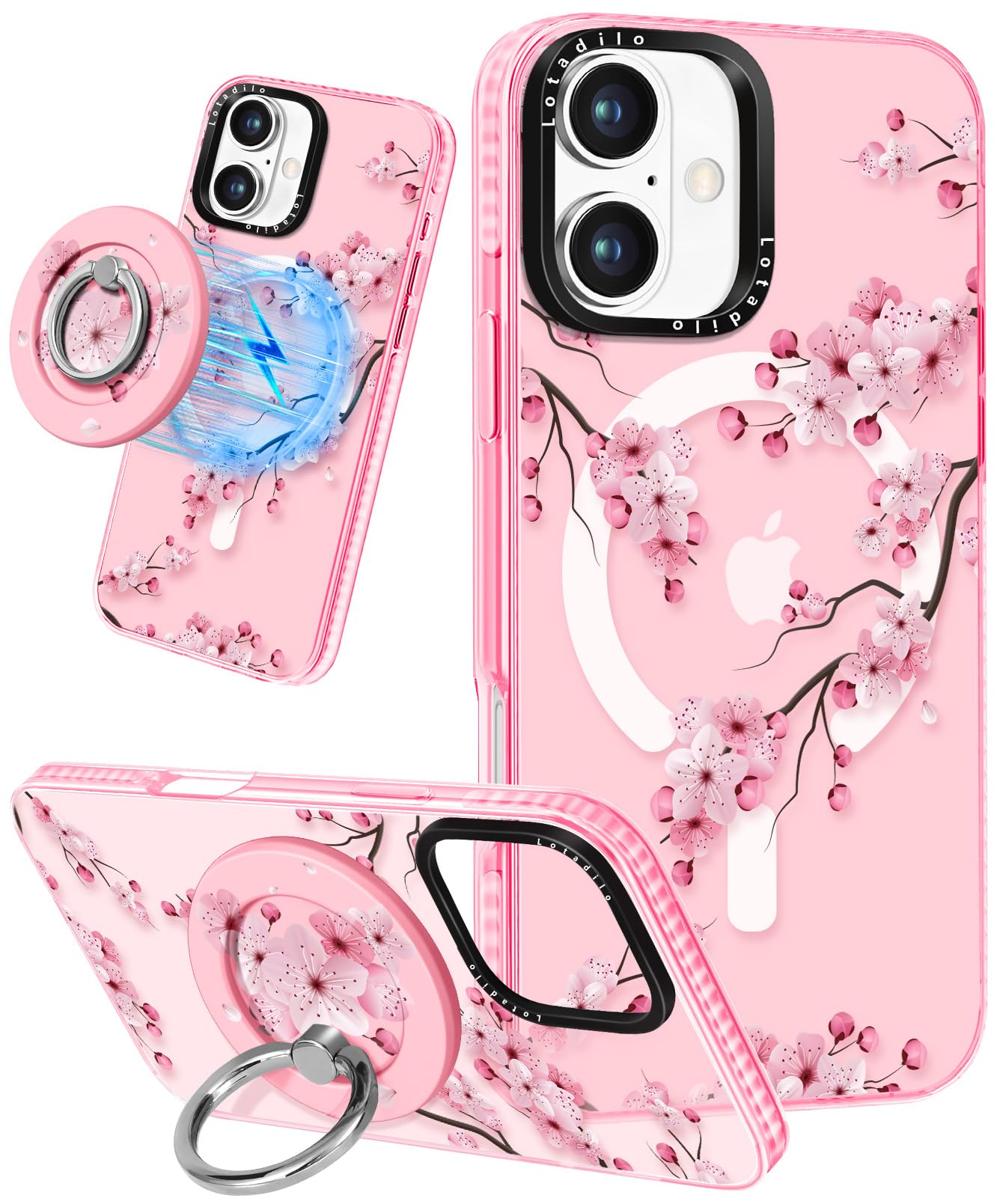 Lotadilo Case for iPhone 17 Case Compatible with Magsafe Ring Holder Stand - for Women Peach Blossom Design TPU Phone Cover for 
