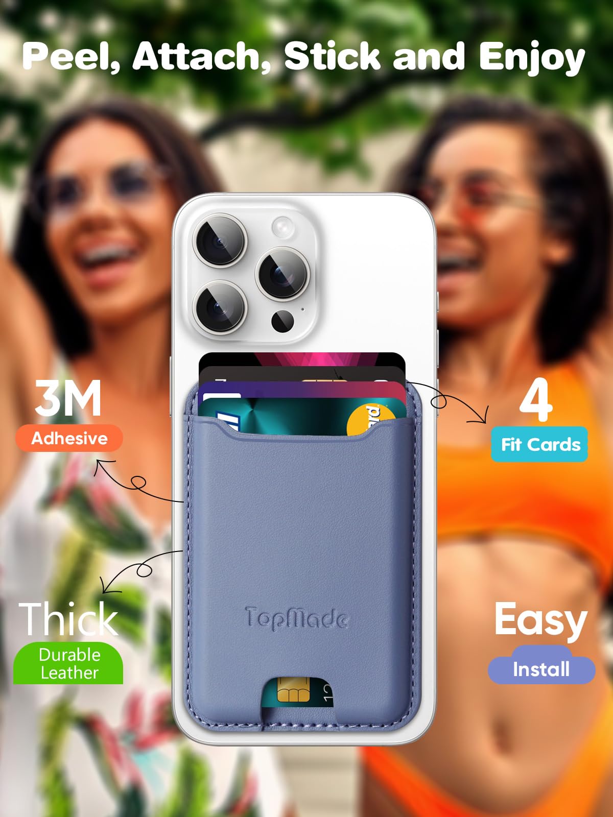 Topmade Phone Card Holder, Premium Leather Phone Wallet Stick On, Stronger 3M Adhesive Credit Card Holder For Back Of Phone Case