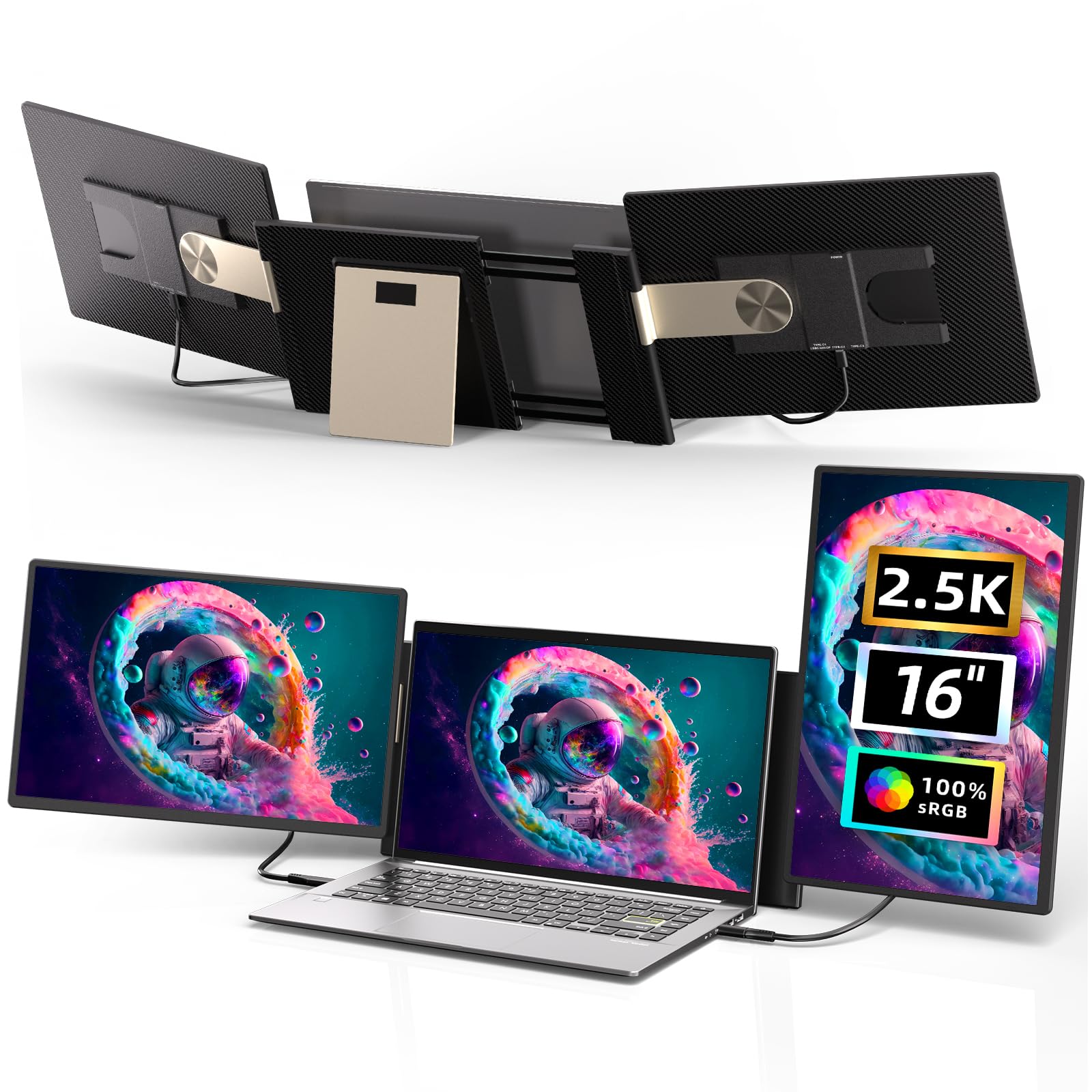 WNZO Laptop Screen Extender 2.5K - Updated 16 Triple Portable Monitor 2560x1600P QHD 100% sRGB IPS, Plug & Play, Rotation Detach