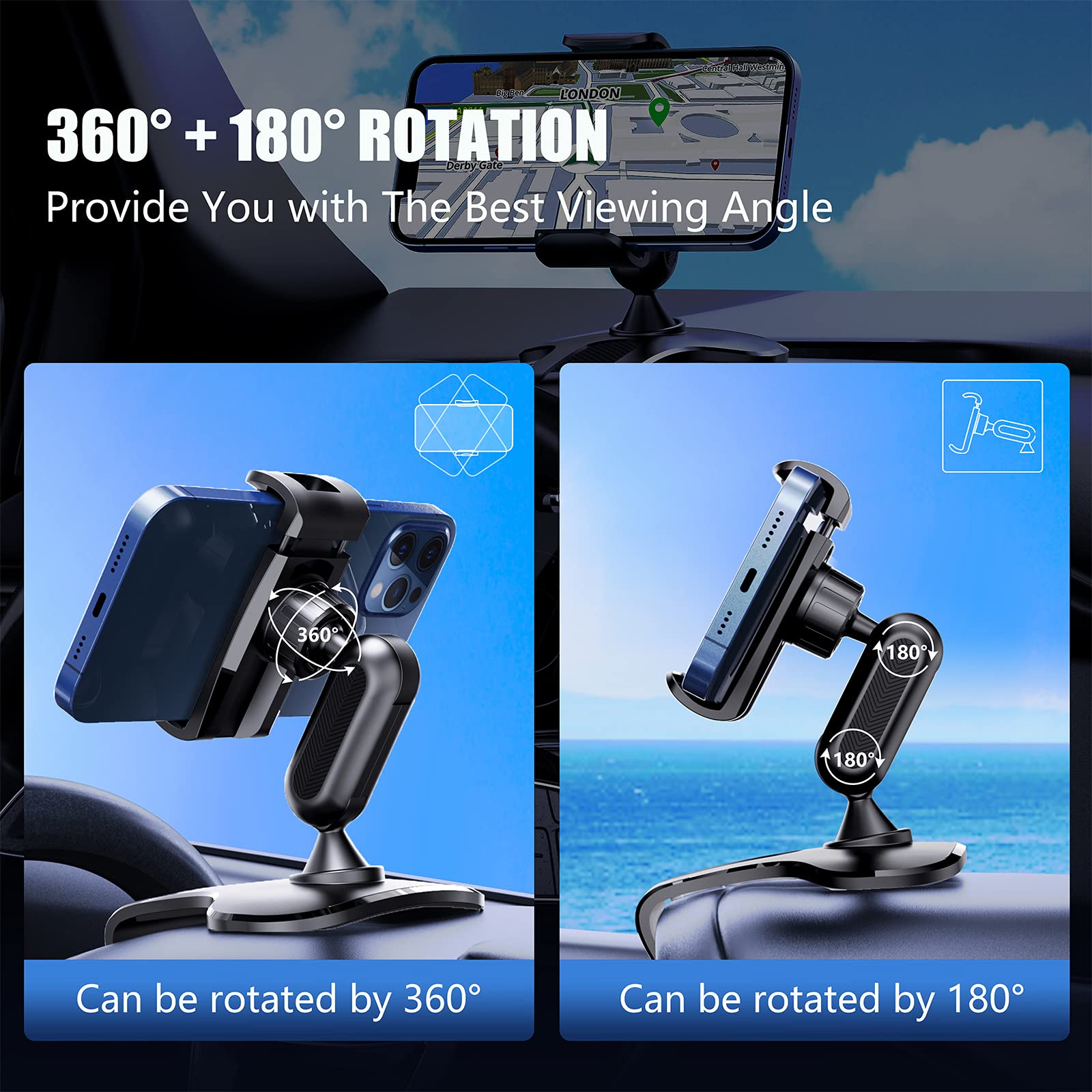 360 Degree Rotation Dashboard Cell Phone Holder For Car Clip Mount Stand Suitable For 4 To 7 Inch Smartphones (Black)