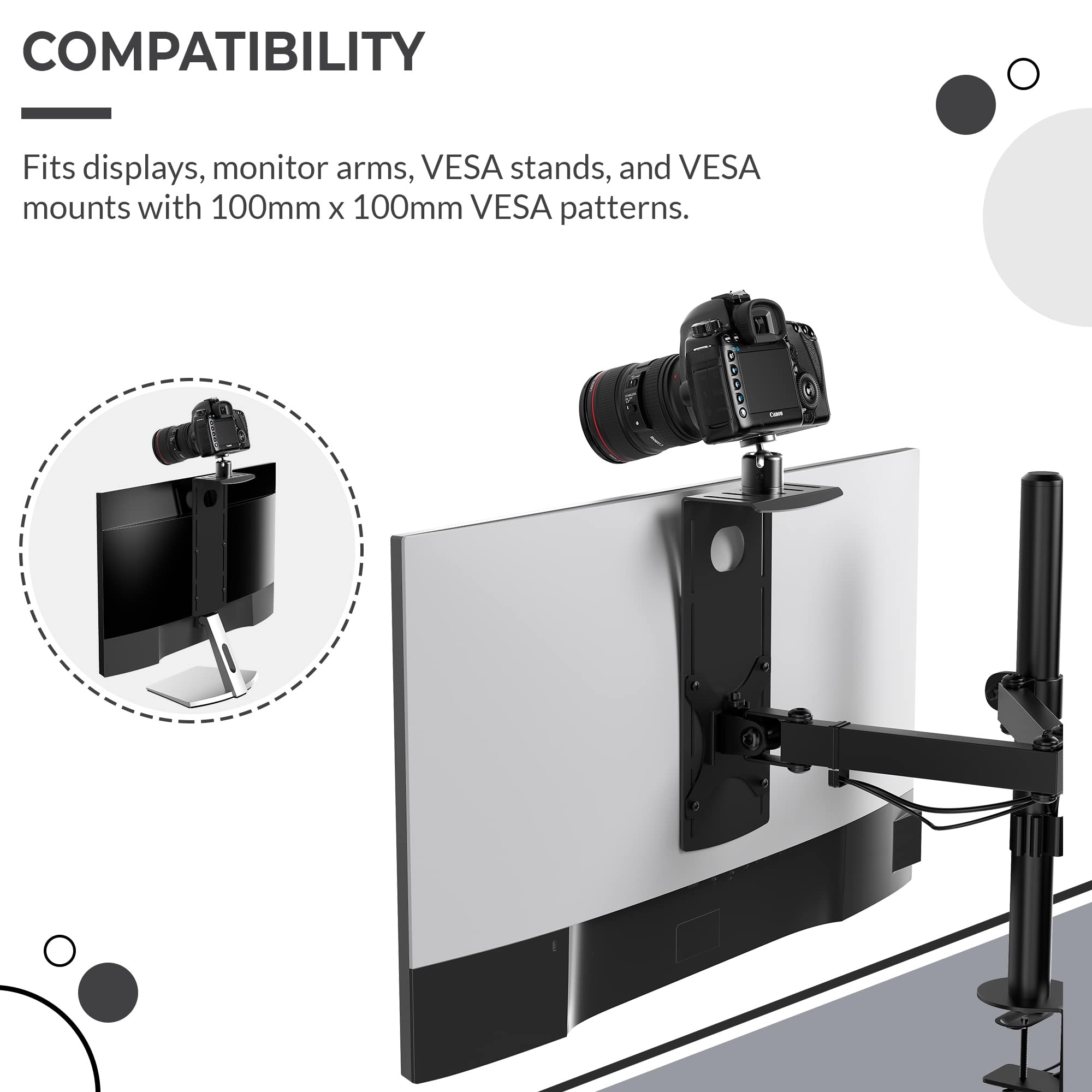 HumanCentric DSLR Monitor Mount - Small Aluminum Shelf for Desk, Black, Model 101-2096, Ideal for Camera, Webcam, and Microphone Use