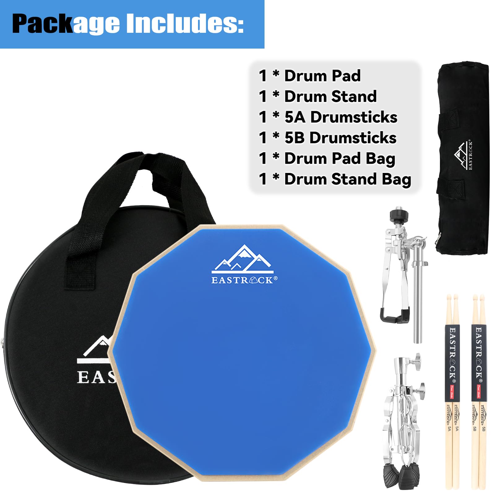Eastrock Practice Drum Pad Stand Bundles, 11 Inches Double Sided Silent Silicone Drum Pad, Silicone Dumb Drum With Drum Stand, D