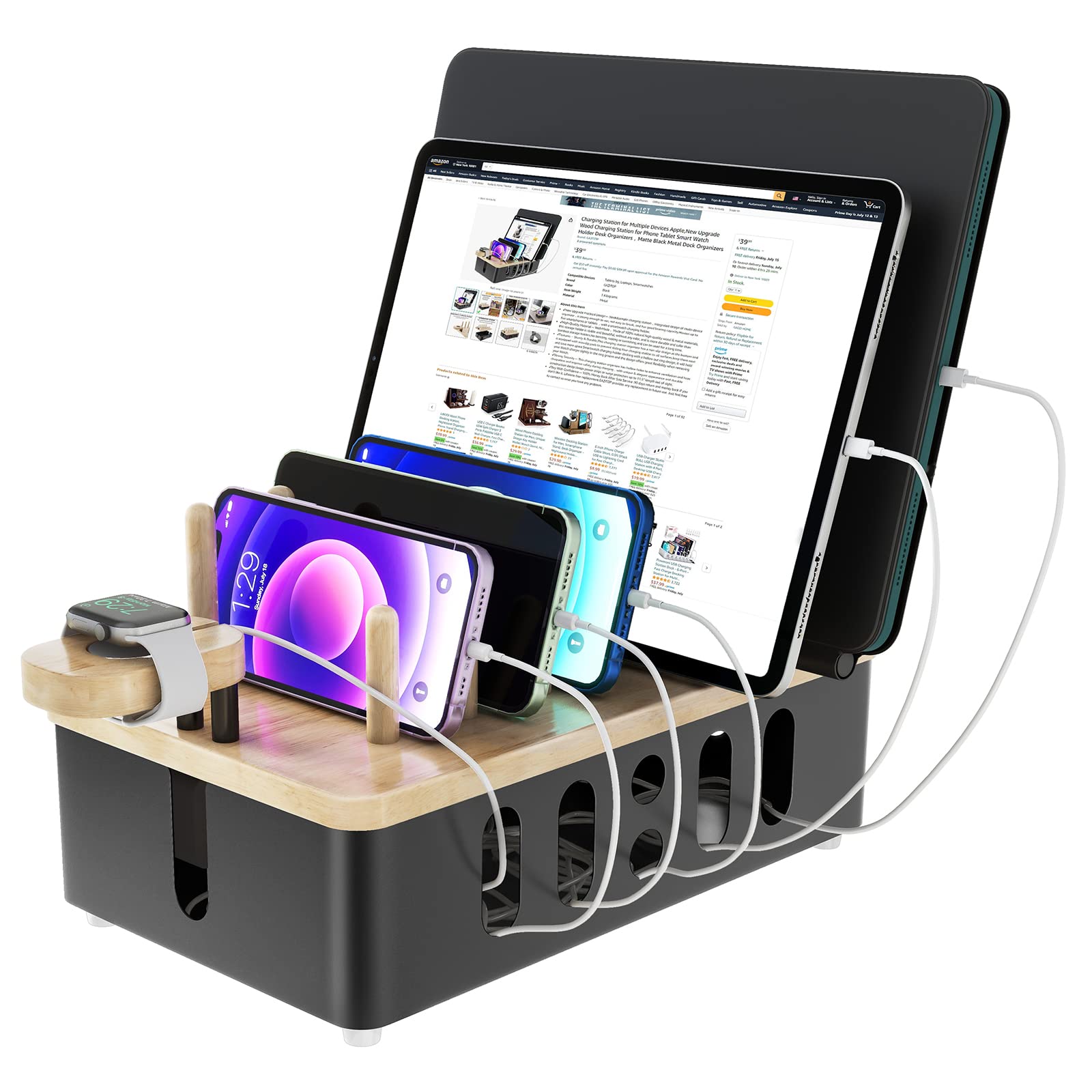 Metal Charging Station for Multiple Devices,New Upgrade Wood Charging Station for Phone Tablet Smart Watch Holder Desk Organizer