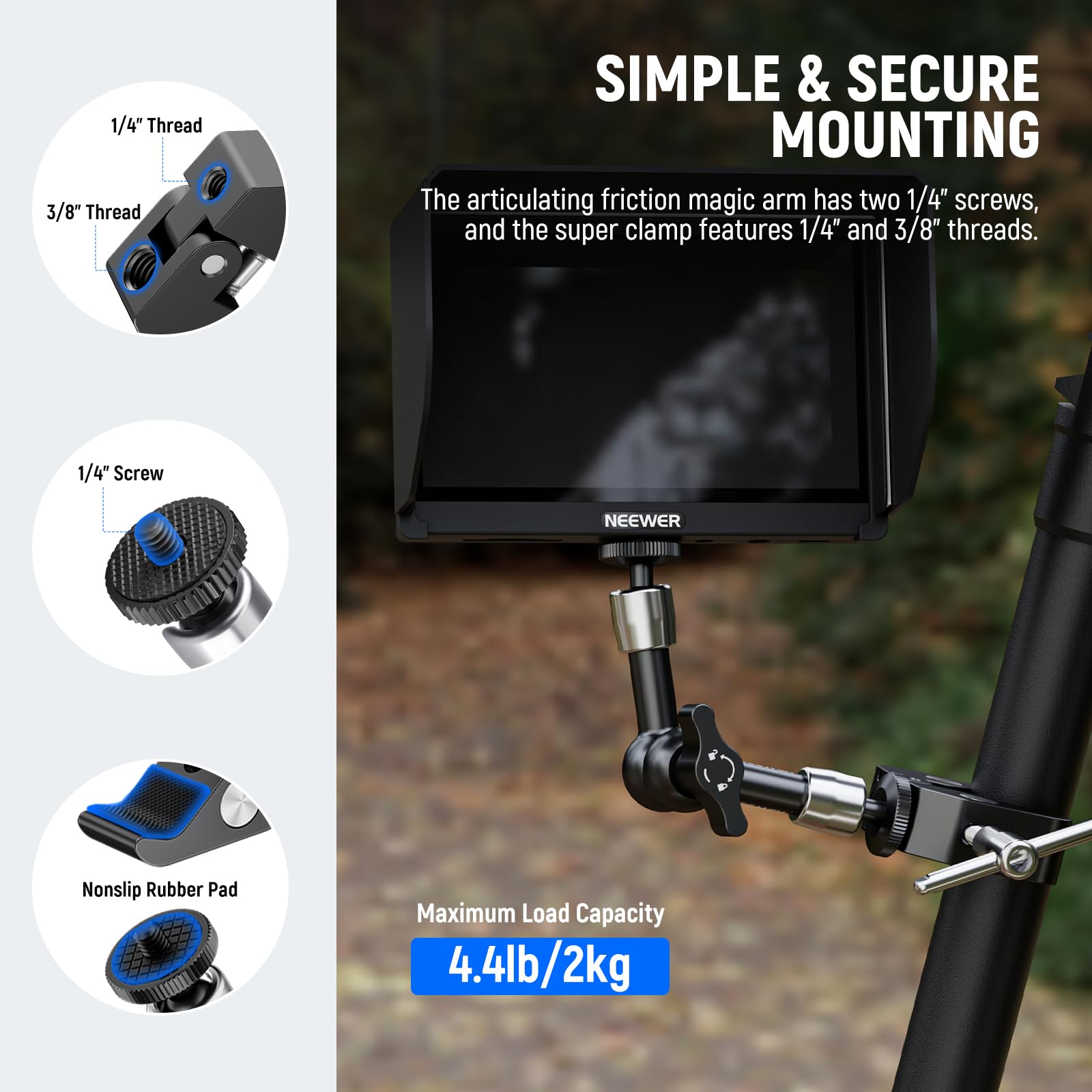 Neewer 6''/15Cm Adjustable Magic Arm With Super Clamp, 1/4'' & 3/8'' Threads, 1/4'' Screws For Flash/Led Light/Microphone/Monito