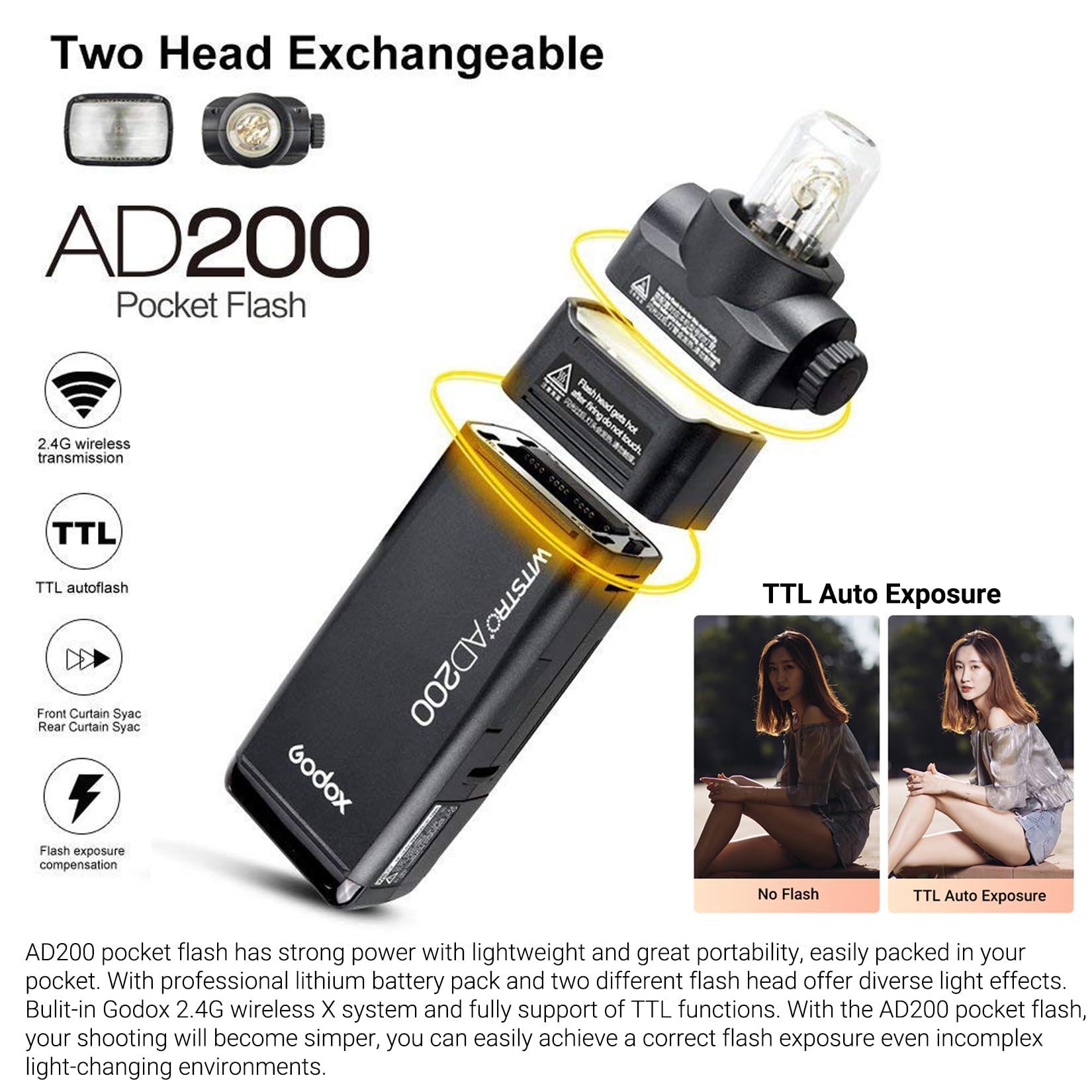 Godox Ad200 Strobe Flash Monolight, 200Ws Pocket Flash Light, 2.4G Ttl 1/8000 Hss Speedlite With 2900Mah Li Ion Battery, Bare Bu