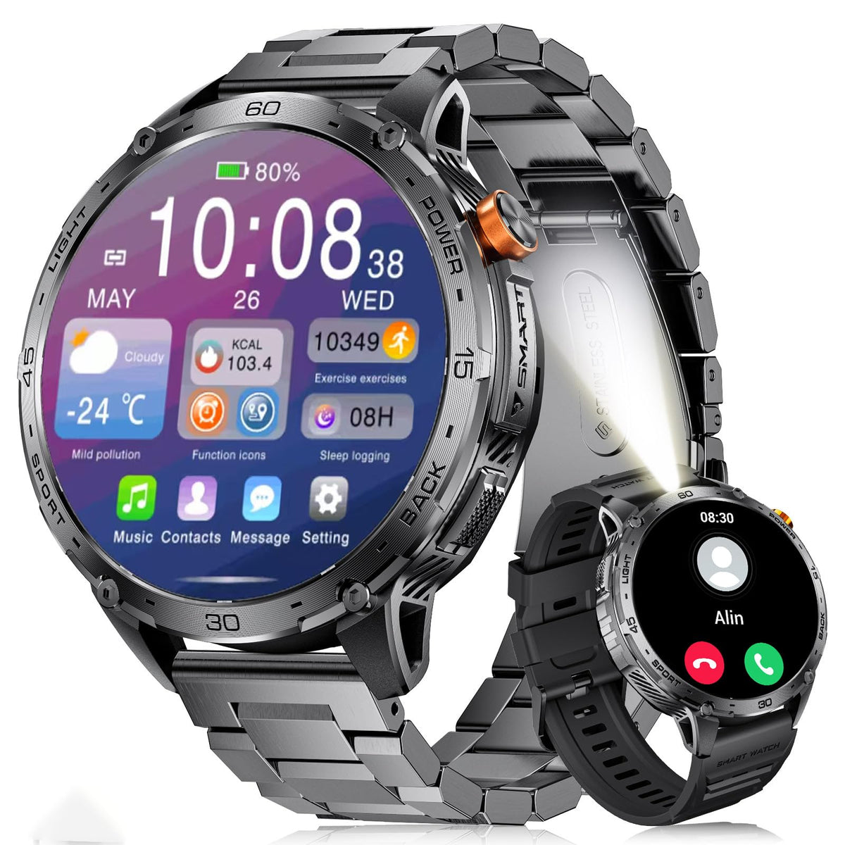 Lige Military Smart Watch For Men, 730Mah/1.75 '' Large Hd Amoled Touchscreen Smartwatches With Led Flashlight For Android Ios, 