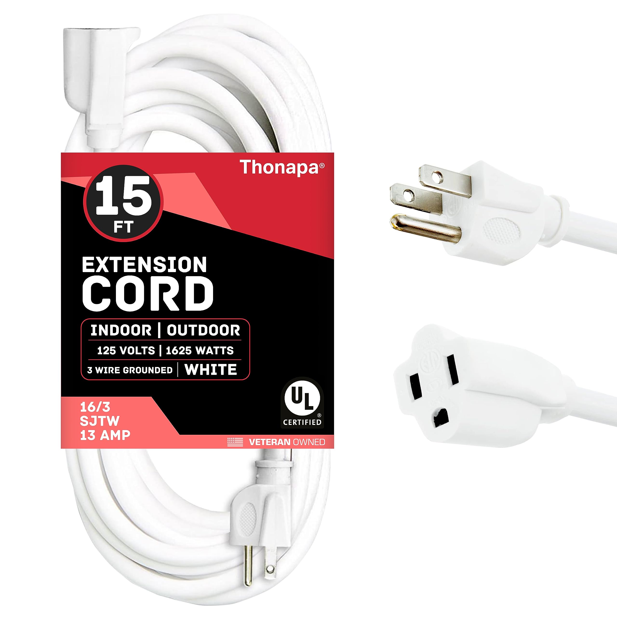 Thonapa 15 Ft Extension Cord With 3 Prong   White Extension Cord 15Ft   16/3 Sjtw Electrical Cable Great For Home & Office