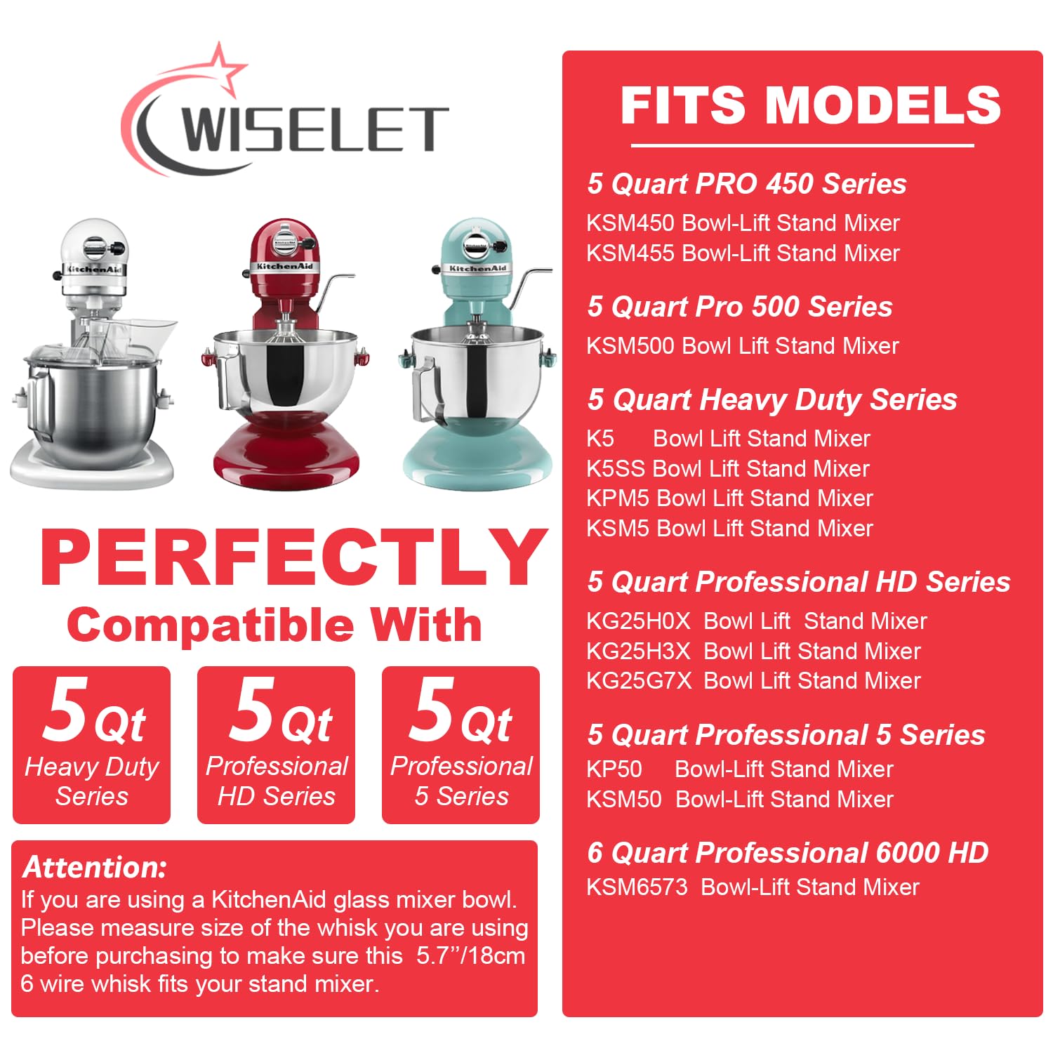 K5A Stainless Steel Whisk For Kitchenaid 5Qt Bowl Lift Mixer, Fits For K5, K5Ss, Kg25, Kp50, Ksm6573, Ksm450/500, 7.1'' Balloon