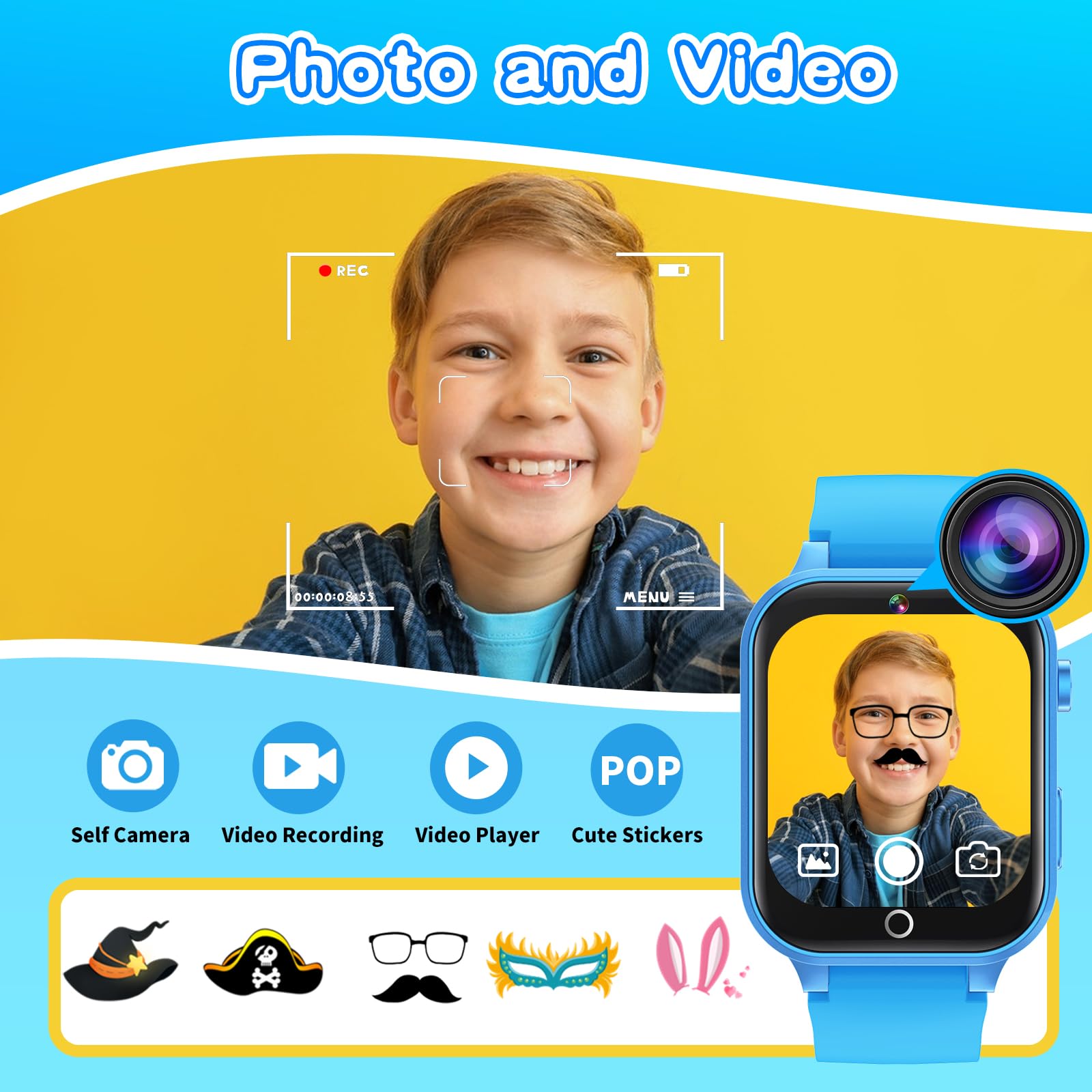 Cosjoype Kids Smart Watch For Kids With 26 Puzzle Games Hd Camera Video Mp3 Player Habit Tracking Learn Card Flashlight 12/24 Hr