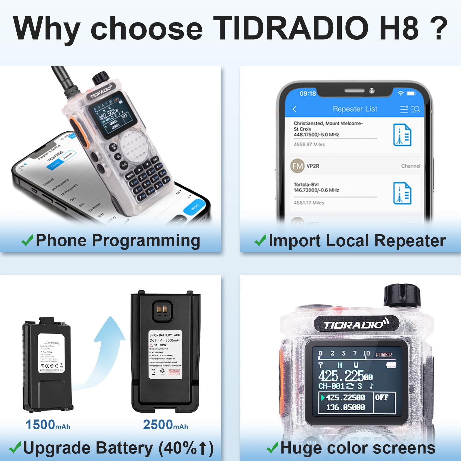 (2Nd Gen) Tidradio H8 Gmrs Handheld Radio With Bluetooth Programming, Repeater Capable, Noaa, Long Range Two Way Radios, Walkie