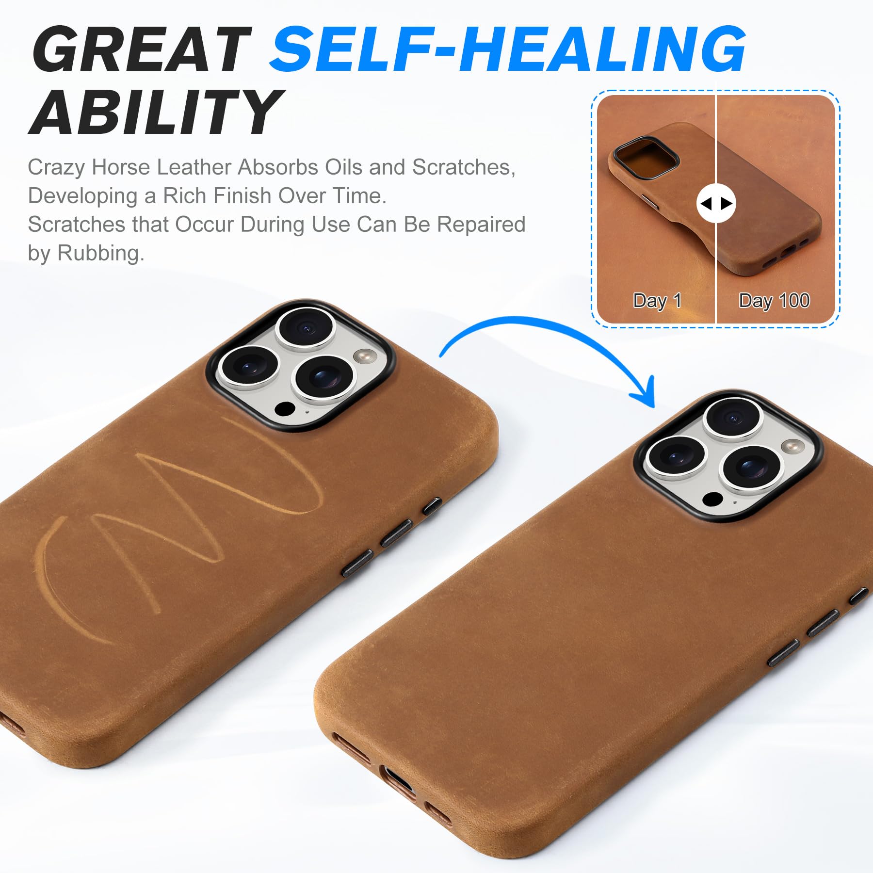 Shieldon Leather Case For Iphone 16 Pro Max 6.9'', Crazy Horse Leather Magnetic Wireless Charging Slim Non-Slip Shock-Absorbent