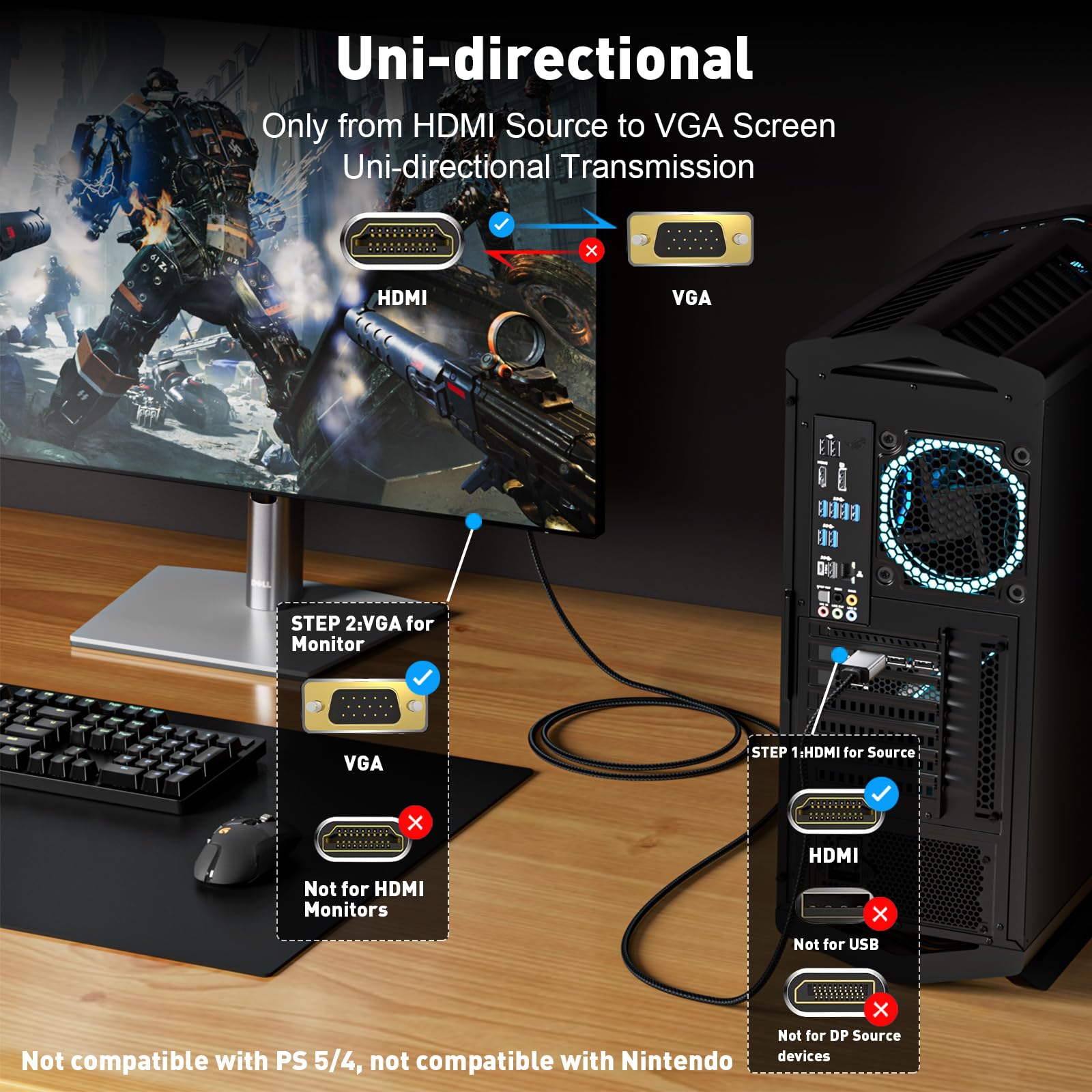 Uantin Hdmi To Vga Cable Adapter 6Ft |Anti Interference Gold Plated Plugs| 1080P Aluminum Hdmi Source To Vga Display Braided Cor