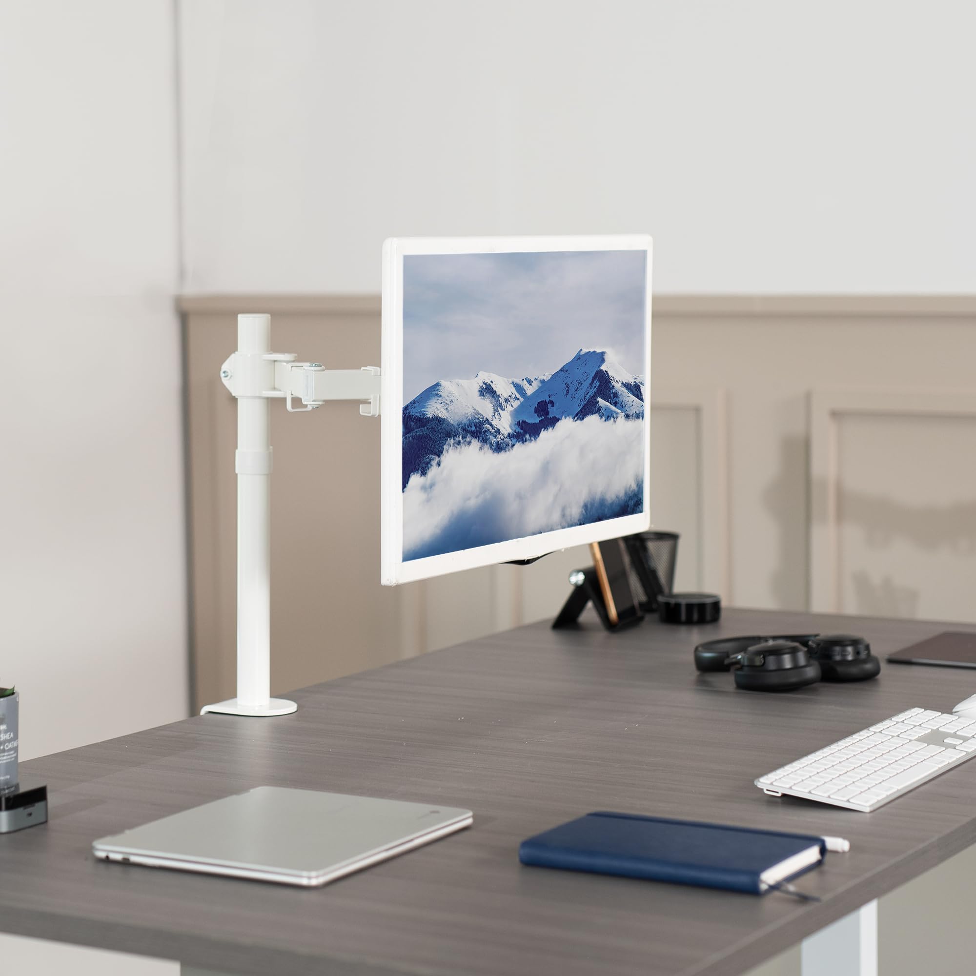 VIVO Single Monitor Arm Desk Mount, Holds Screens up to 32 inch Regular and 38 inch Ultrawide, Fully Adjustable Stand with C Clamp and Grommet Base, VESA 75x75mm or 100x100mm, White, STAND V001W