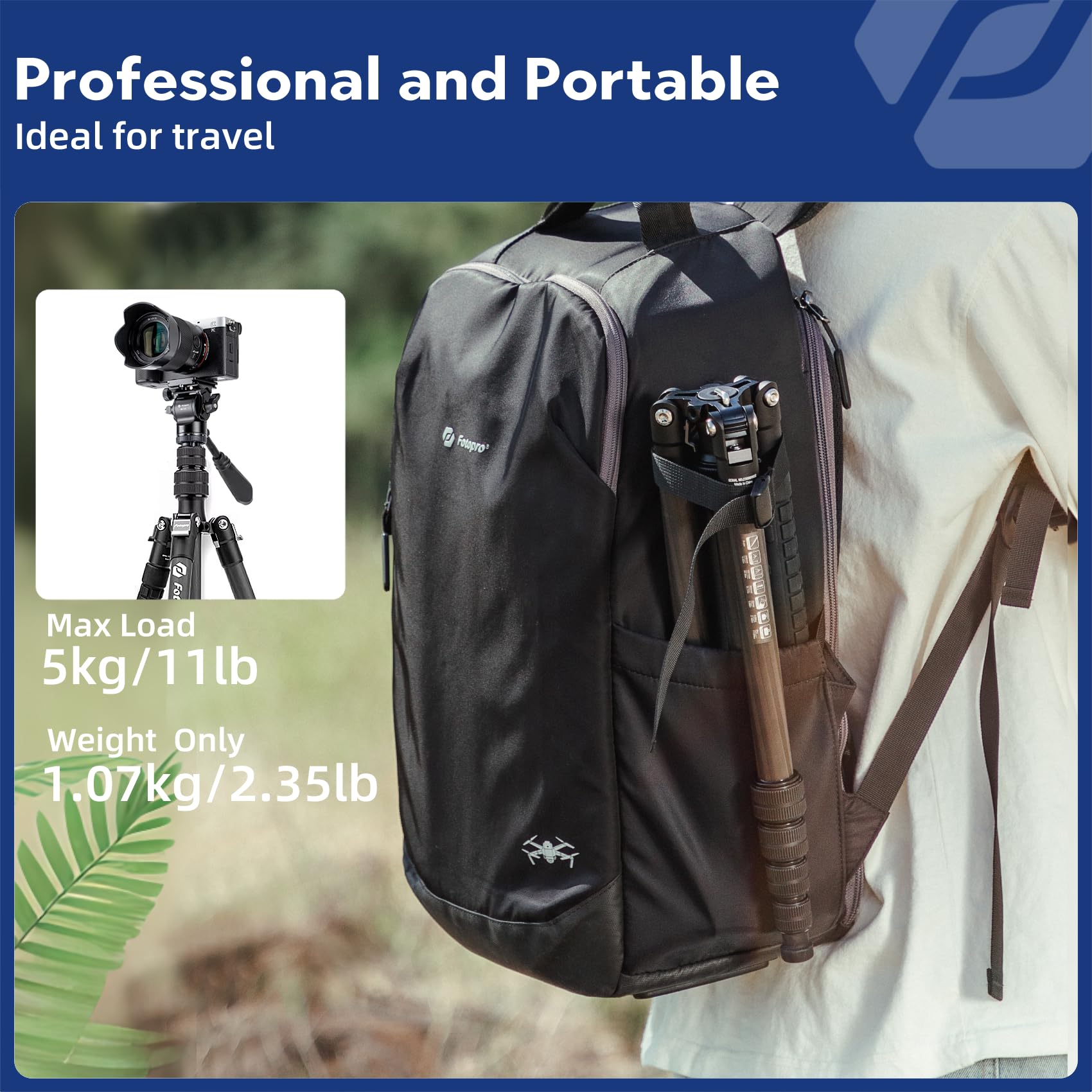 Fotopro 59'' Carbon Fiber Travel Tripod, Compact Camera Tripod With Fluid Head, Detachable Monopod With Quick Release Plate And