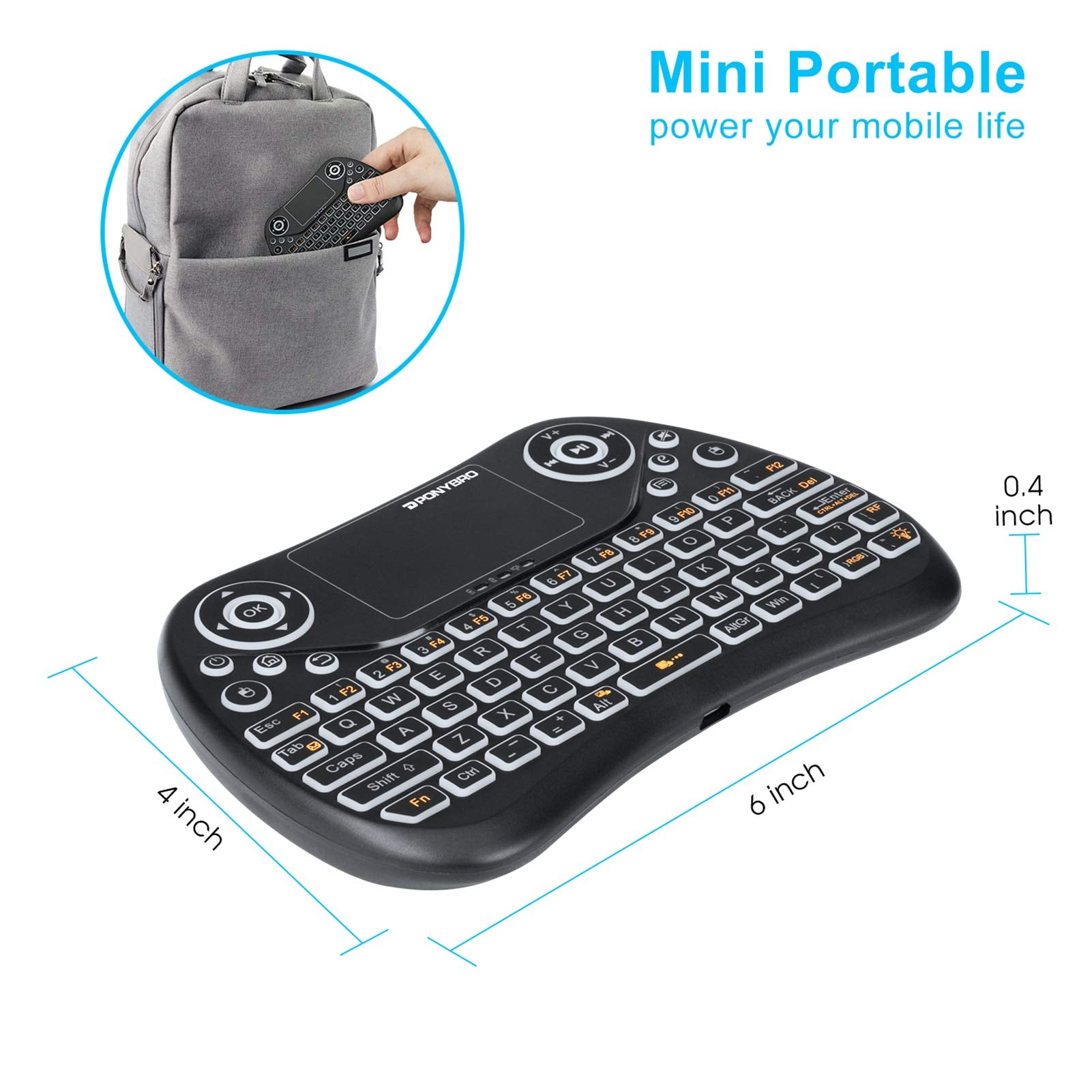 Ponybro (Newest Version) Backlit Mini Wireless Keyboard With Touchpad Mouse Combo Qwerty Keypad,Rechargeable Handheld Keyboard R