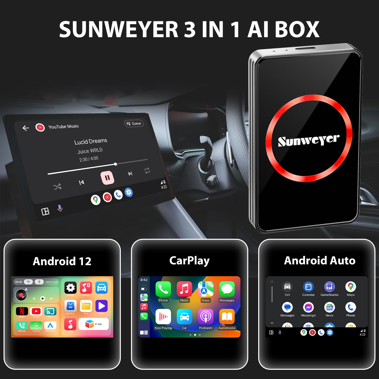 Sunweyer Wireless Carplay Adapter Car Streaming Device Ai Box Support Netflix, Youtube, Hulu, Disney+, Android Auto Wireless Ada