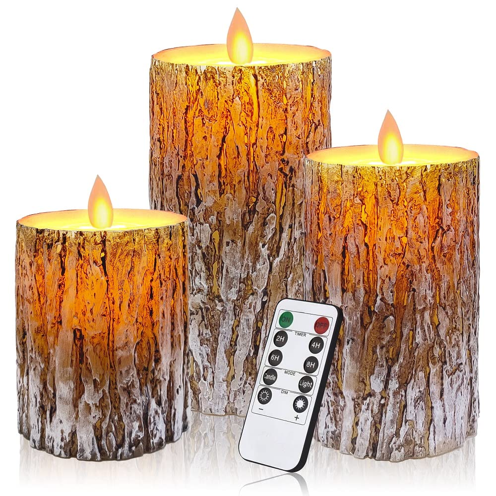MIVITOOM Pine Bark LED Flameless Pillar Candles Battery Operated with Flickering Warm Yellow Light Moving Wicks, Pack of 3 (D 3 