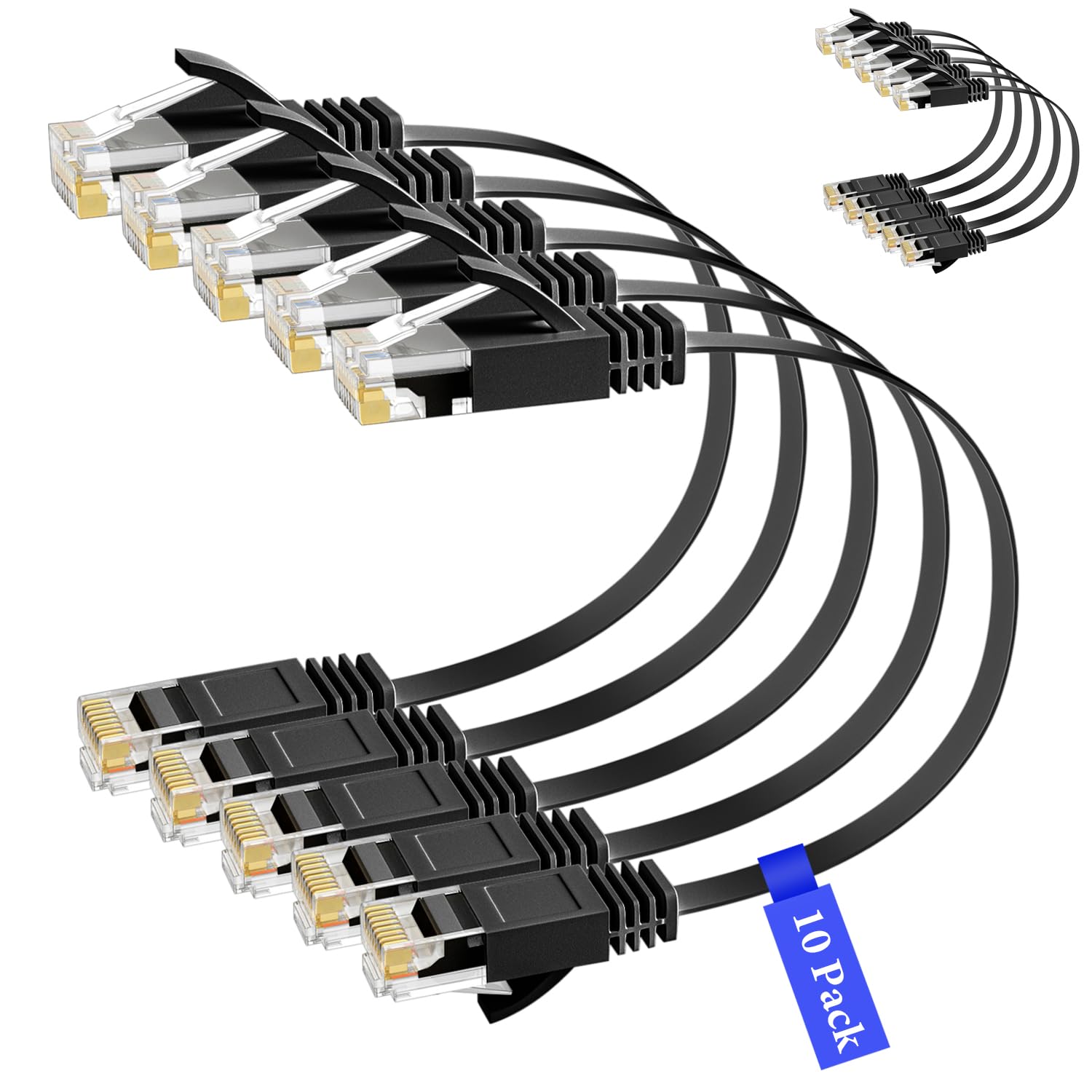 Elecan Cat 6 Flat Ethernet Cable 3 Ft/10 Pack, High Speed Slim Short Patch Cables Internet Cables, 30 Awg Pure Copper 10Gbps 500