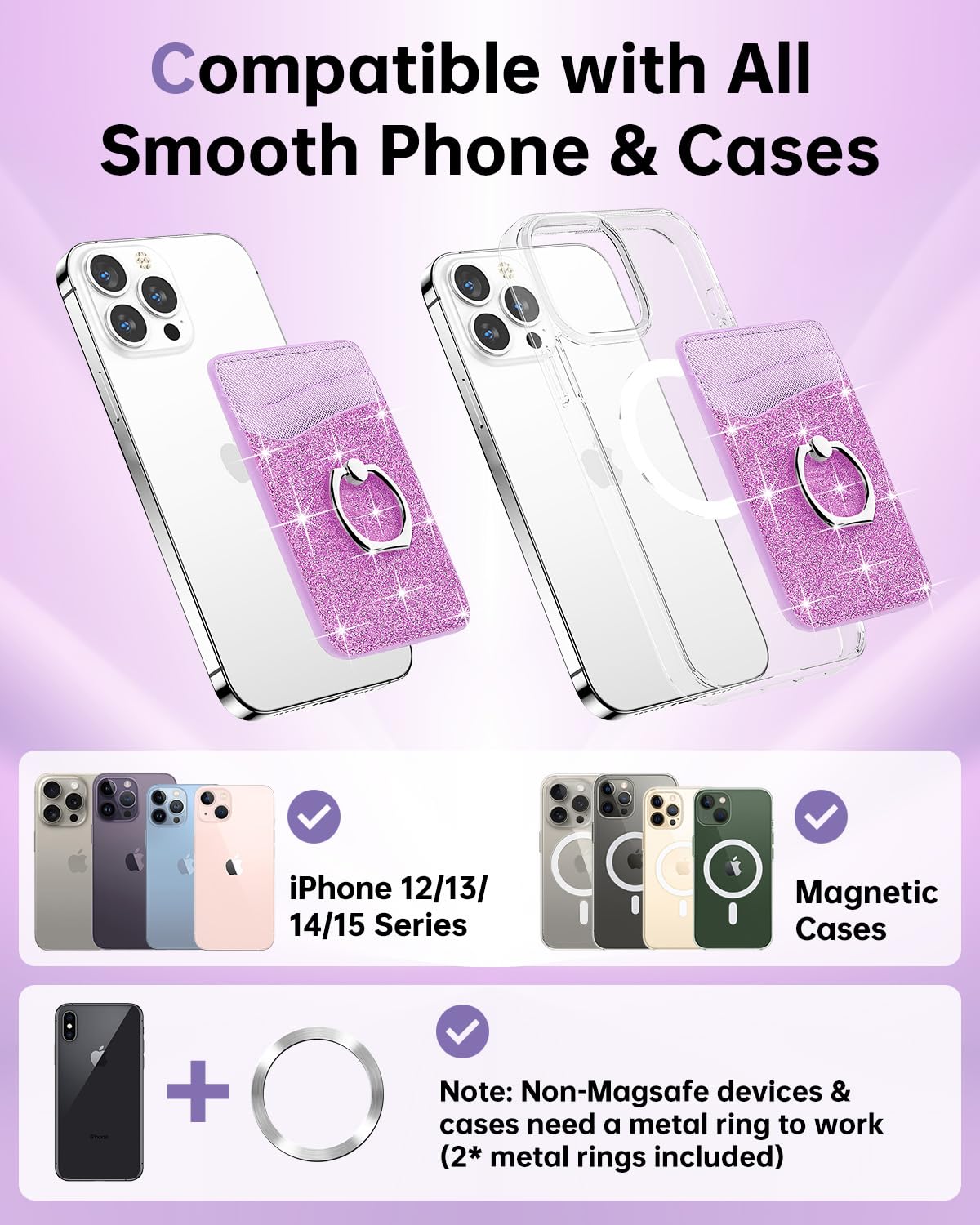 Gospire Magsafe Wallet With Ring For Iphone 15/14/13/12 Series, Magsafe Wallet Glitter With Credit Card Rfid Blocking & 360   Ro