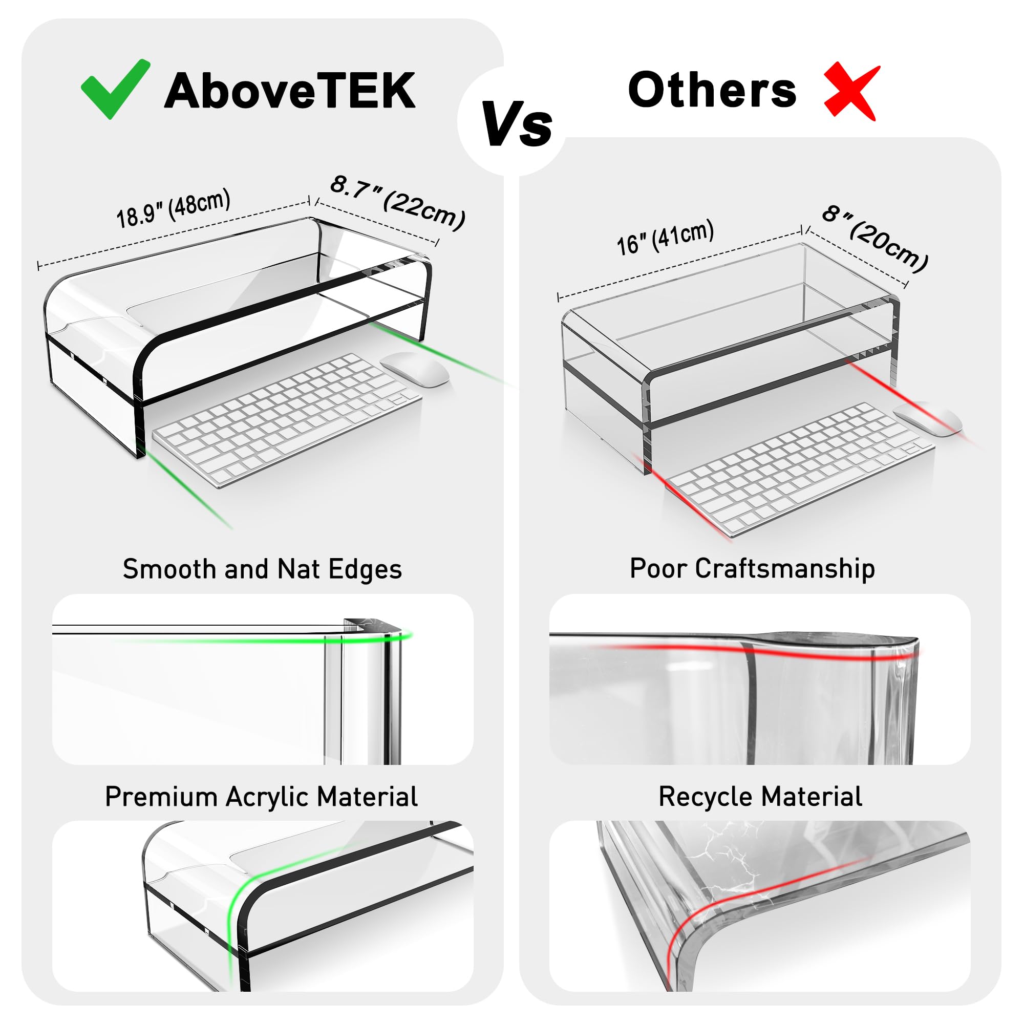 AboveTEK 2 Tier Acrylic Monitor Stand, Computer Riser for Home Office, Clear Monitor Riser for Keyboard Storage, 18.9' x 8.7' Multi Monitor Desk Stand for iMac Multi Media Laptop Printer TV