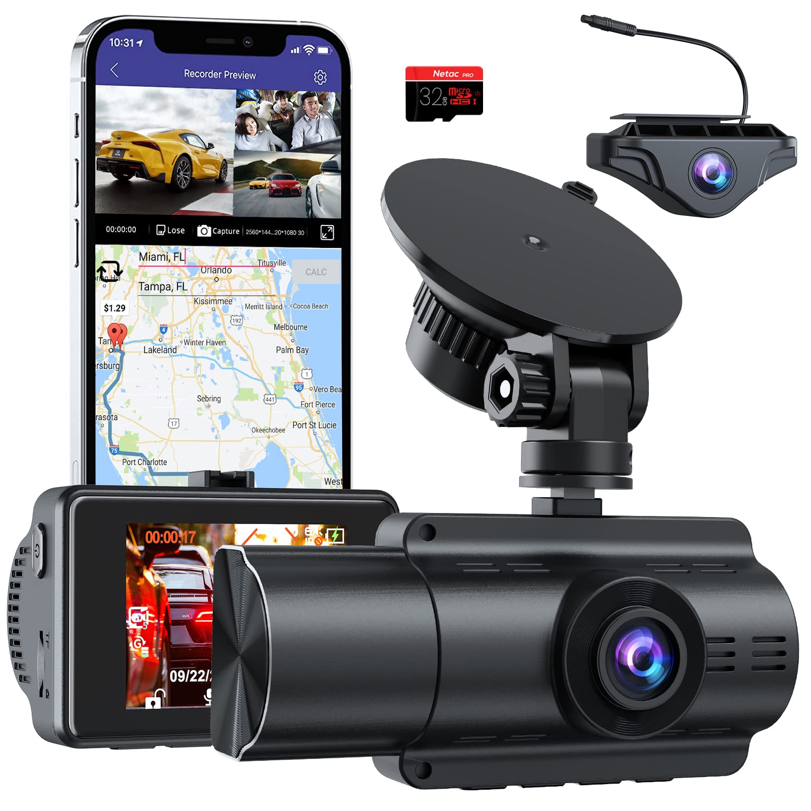 Moplasz 3 Channel 4K Dash Cam Built In Wifi Gps, Full Hd 4K+2K Front And Rear Dash Camera For Cars, 2K+1080P+2K Three Way Camera