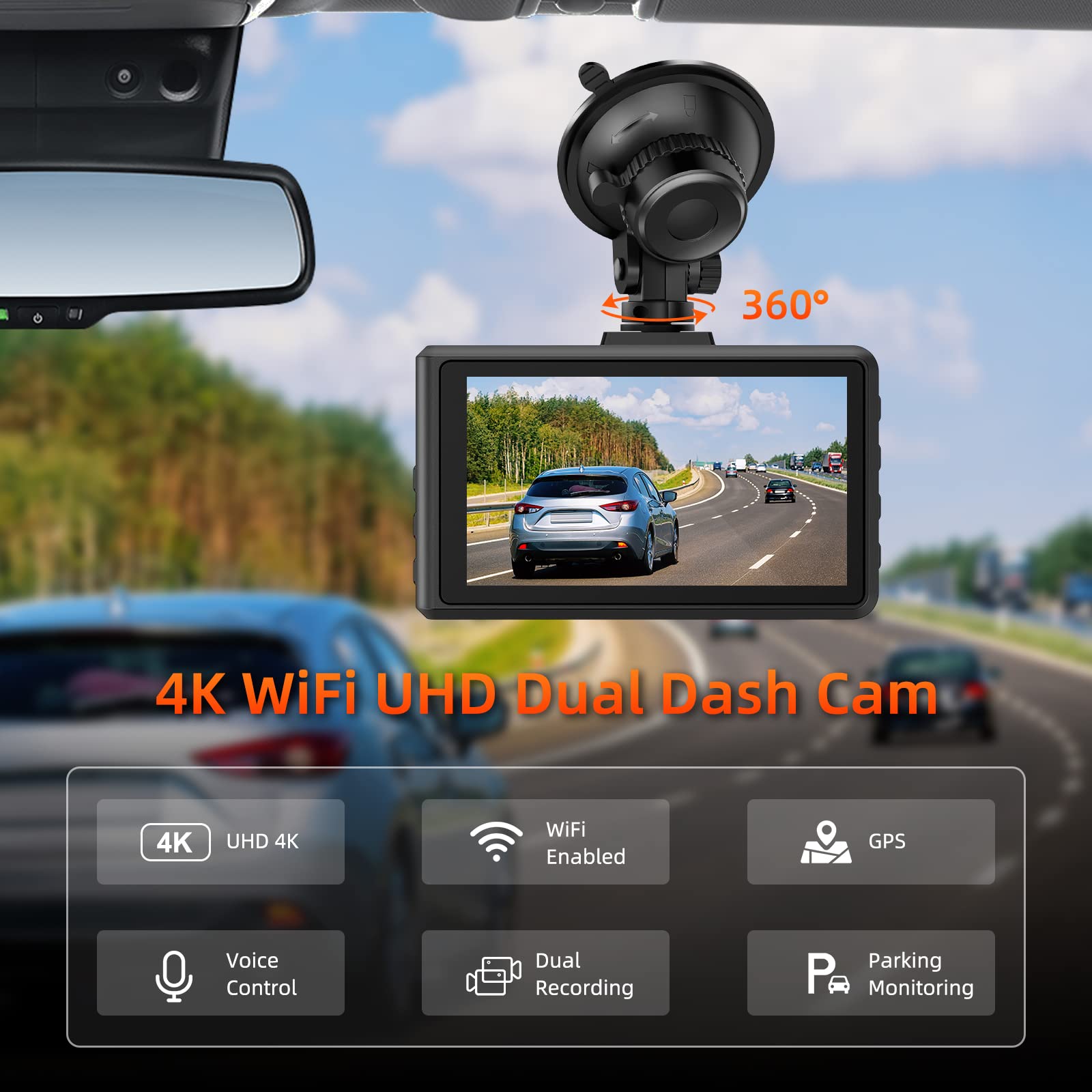 Spade Dash Cam Front And Rear, 4K+1080P Wifi Gps Dash Camera For Cars With 64G Sd Card, Voice Control Wide Angle Dashcam Front A
