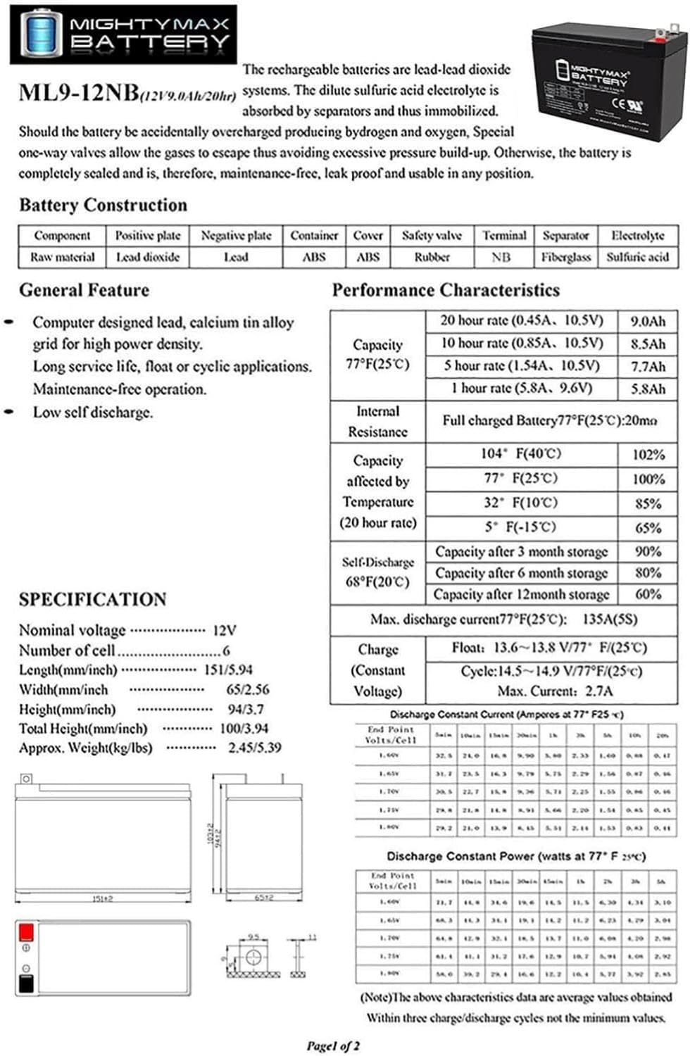 Mighty Max Battery 12 Volt 9 Ah Sla Battery Nb Terminal - 4 Pack