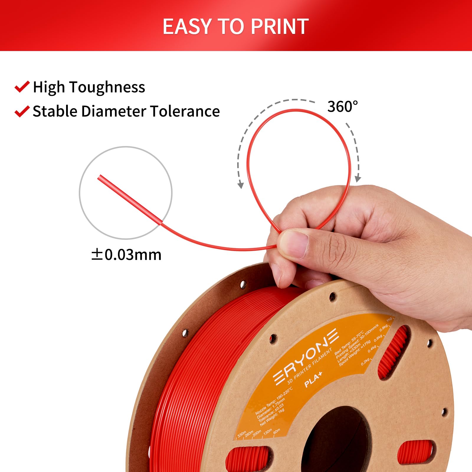 Eryone Pla Plus Filament 1.75Mm Pla+ 3D Printer Filament +/ 0.03Mm, 1Kg (2.2Lbs)/ Spool, Red