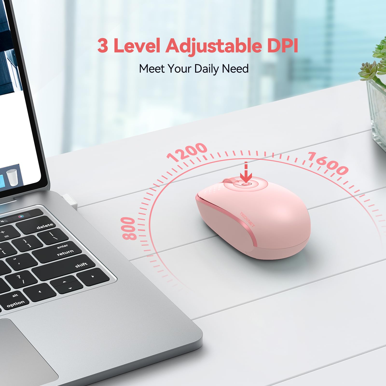 Tecknet Wireless Mouse, 2.4G Quiet Computer Mouse With Usb Receiver, 4 Buttons Portable Cordless Mice For Chromebook, Laptop, Pc, Mac, 800/1200/1600 Dpi   Pink