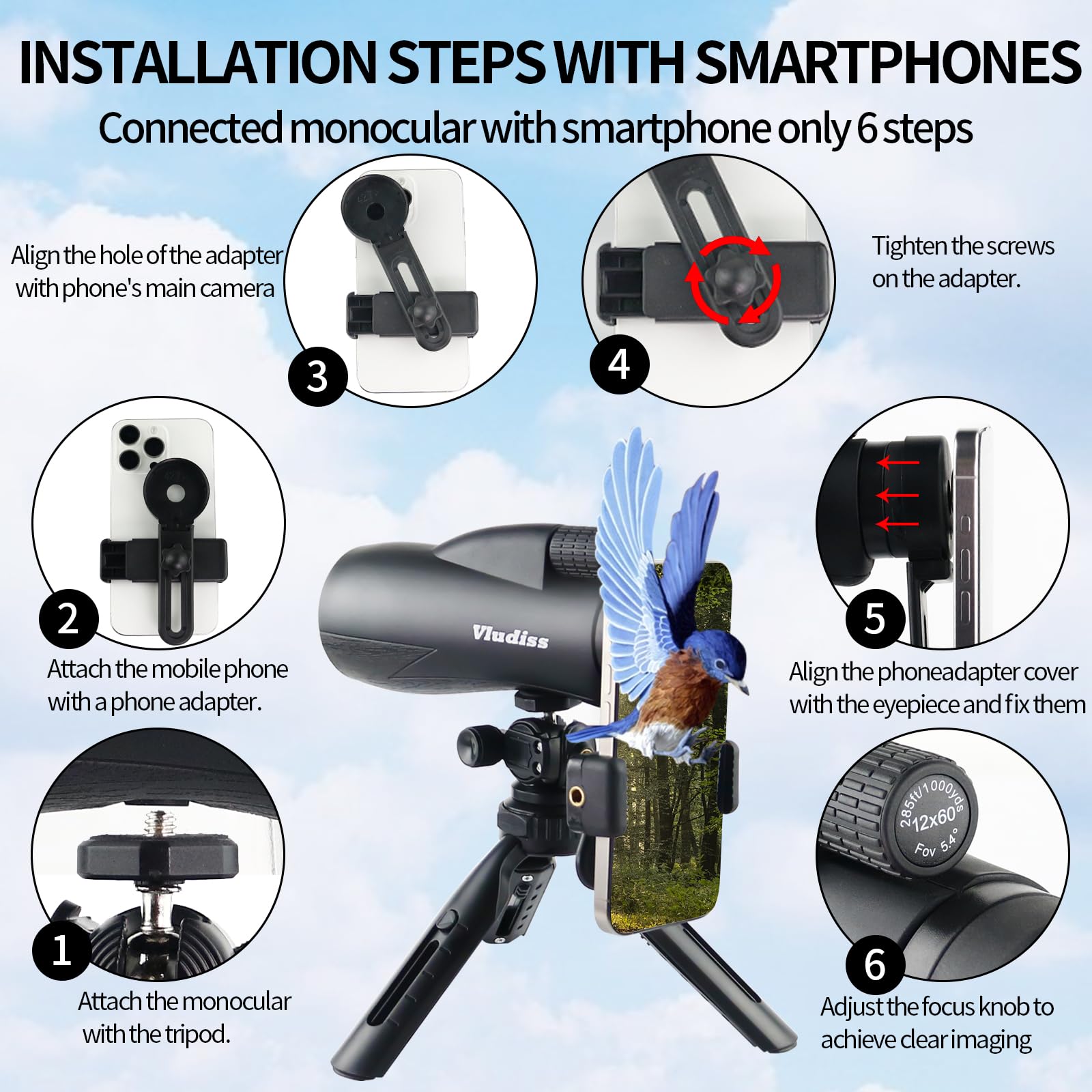 12X60 High Power Monocular Telescope With Smartphone Holder And Tripod, Large Vision With Bak 4 Prism And Fmc Lens Suitable For