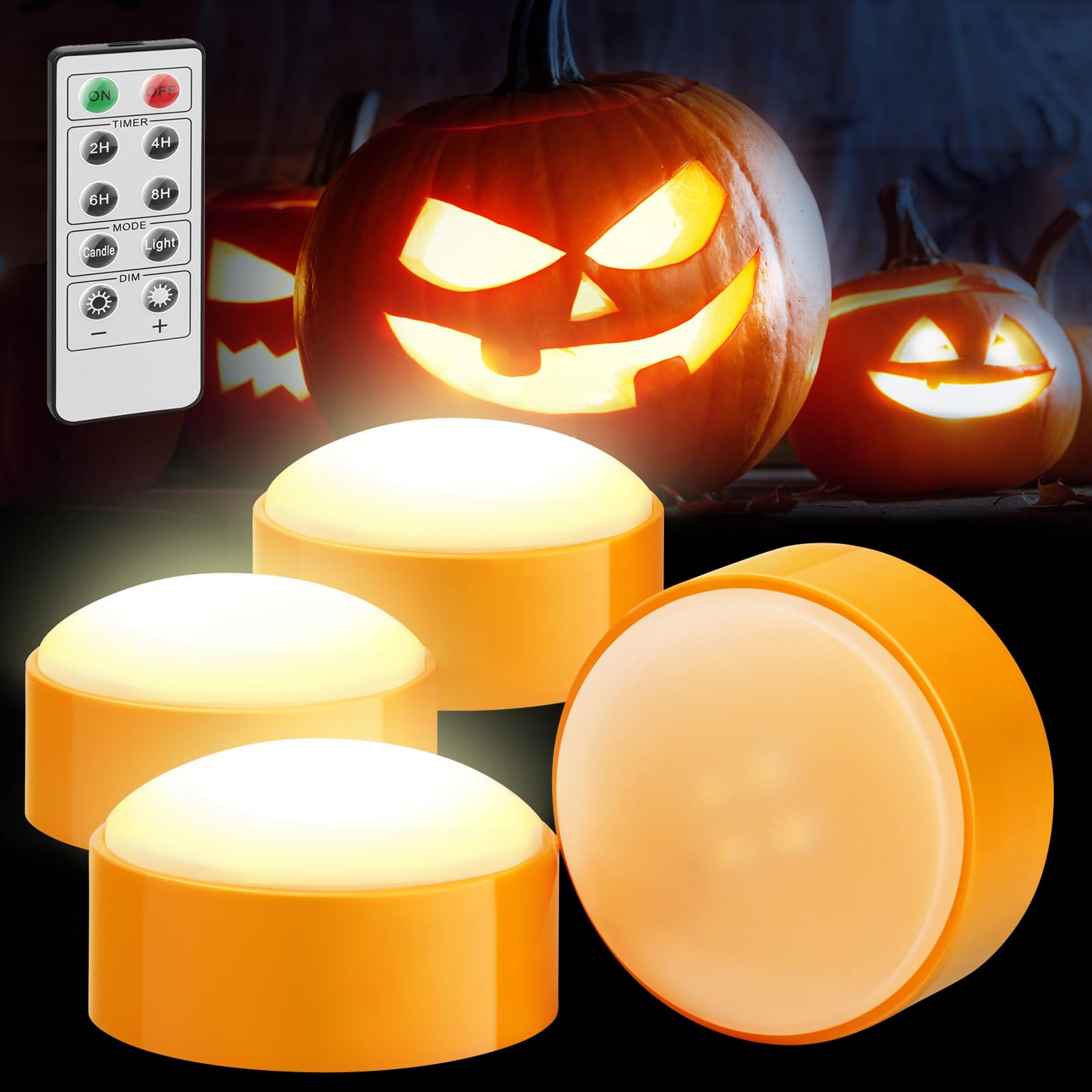 Luditek [4 Pack] Halloween Led Pumpkin Lights With Remote And Timer, Battery Operated Orange Jack O Lantern Light For Halloween