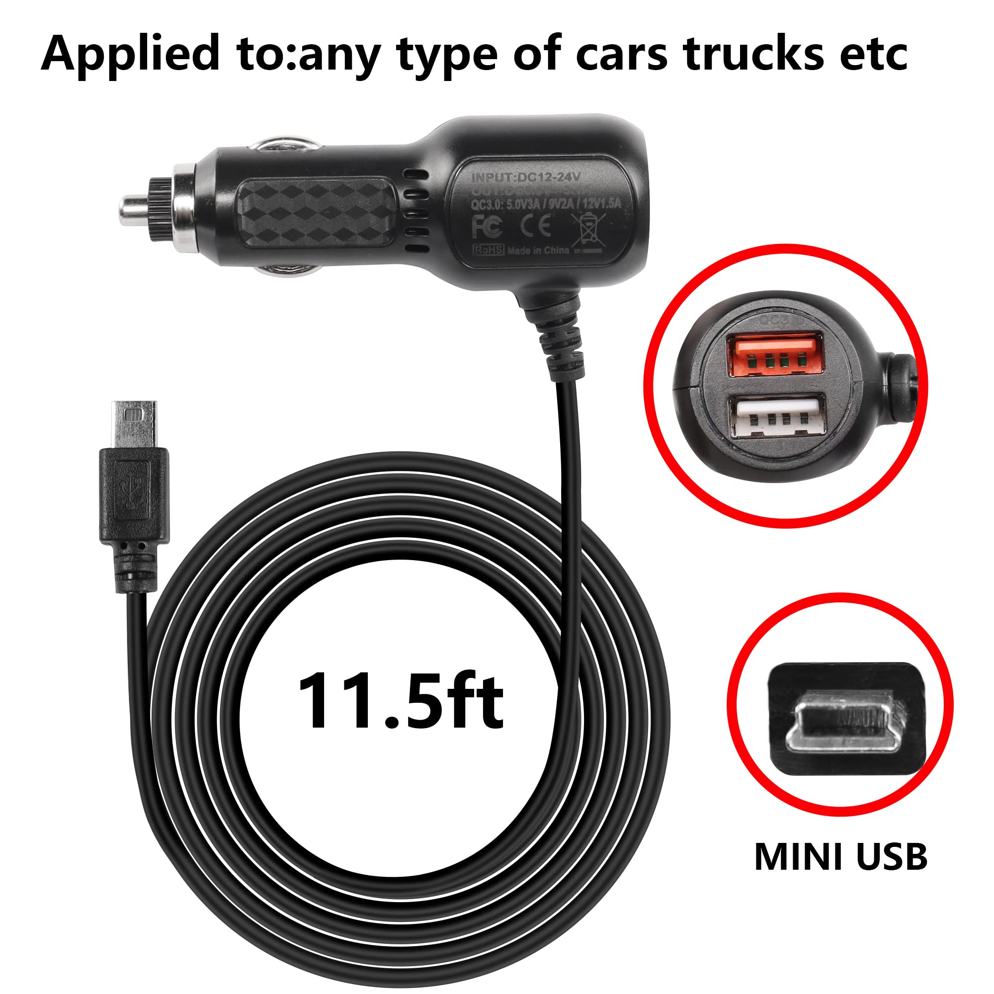 Meiriyfa Dash Cam Power Cable, Dash Cam Charger Mini Usb, Qc3.0 Fast Vehicle Car Charger With Dual Usb Ports For Various Models