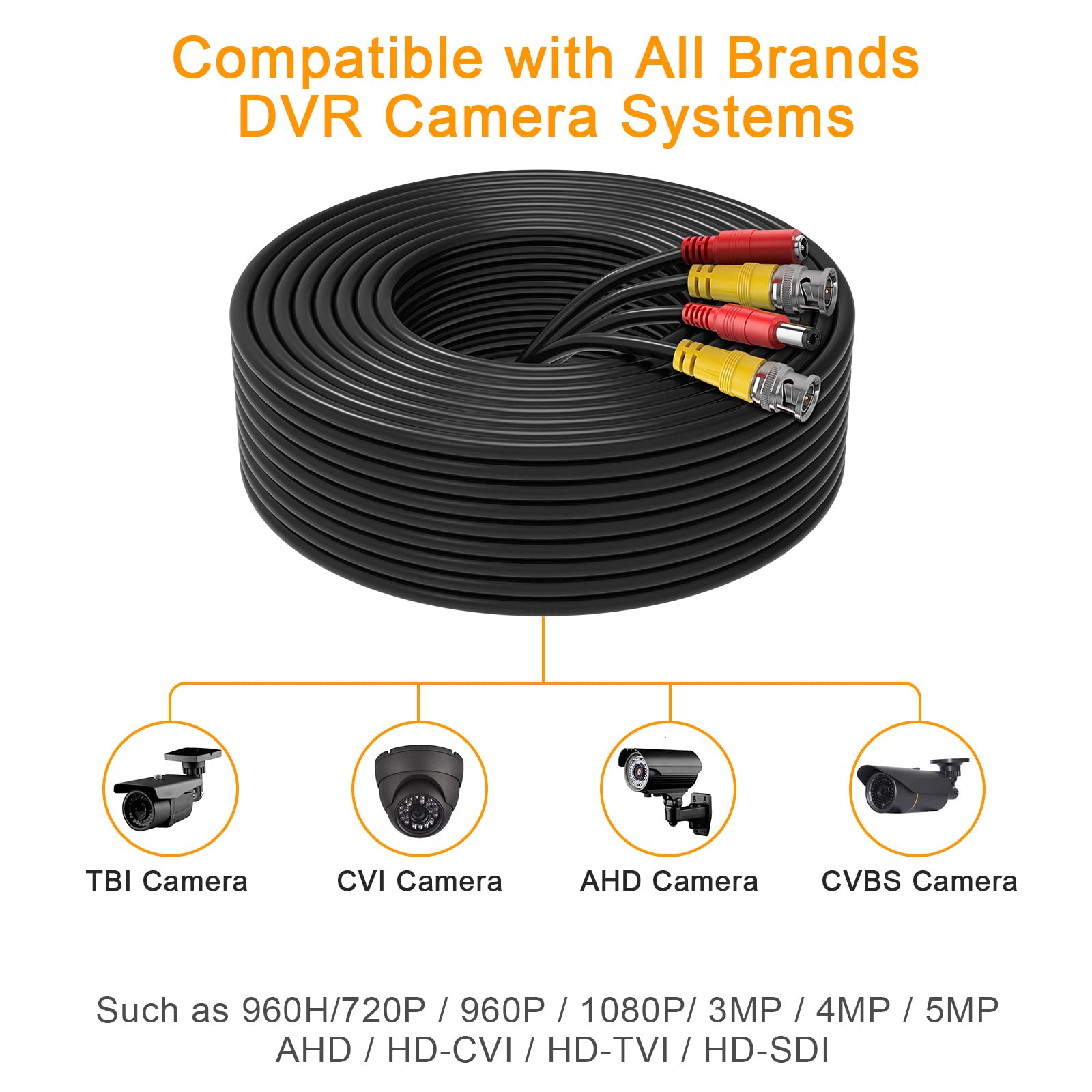 Wildhd 200Ft Bnc Cable All In One Siamese Video And Power Security Camera Cable, Extension Wire Cord With 2 Female Connectors Fo