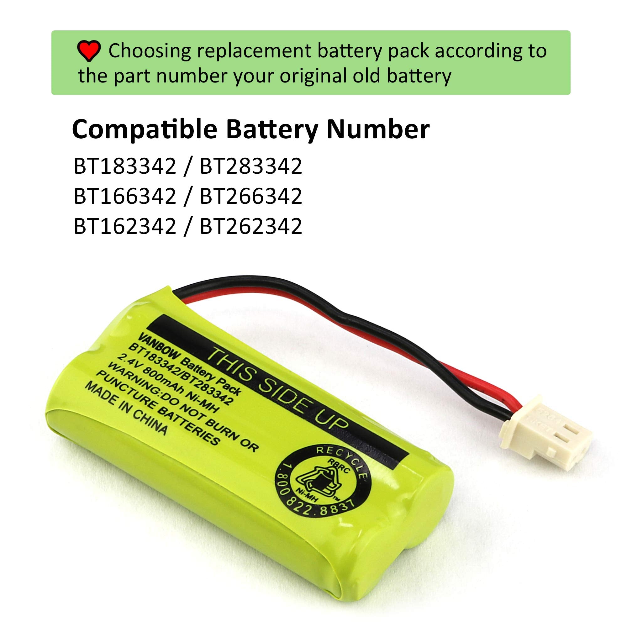 Vanbow Bt183342/Bt283342 2.4V 800Mah Ni Mh Battery Compatible With At&T Vtech Cordless Phone Batteries Bt166342/Bt266342 Bt16234