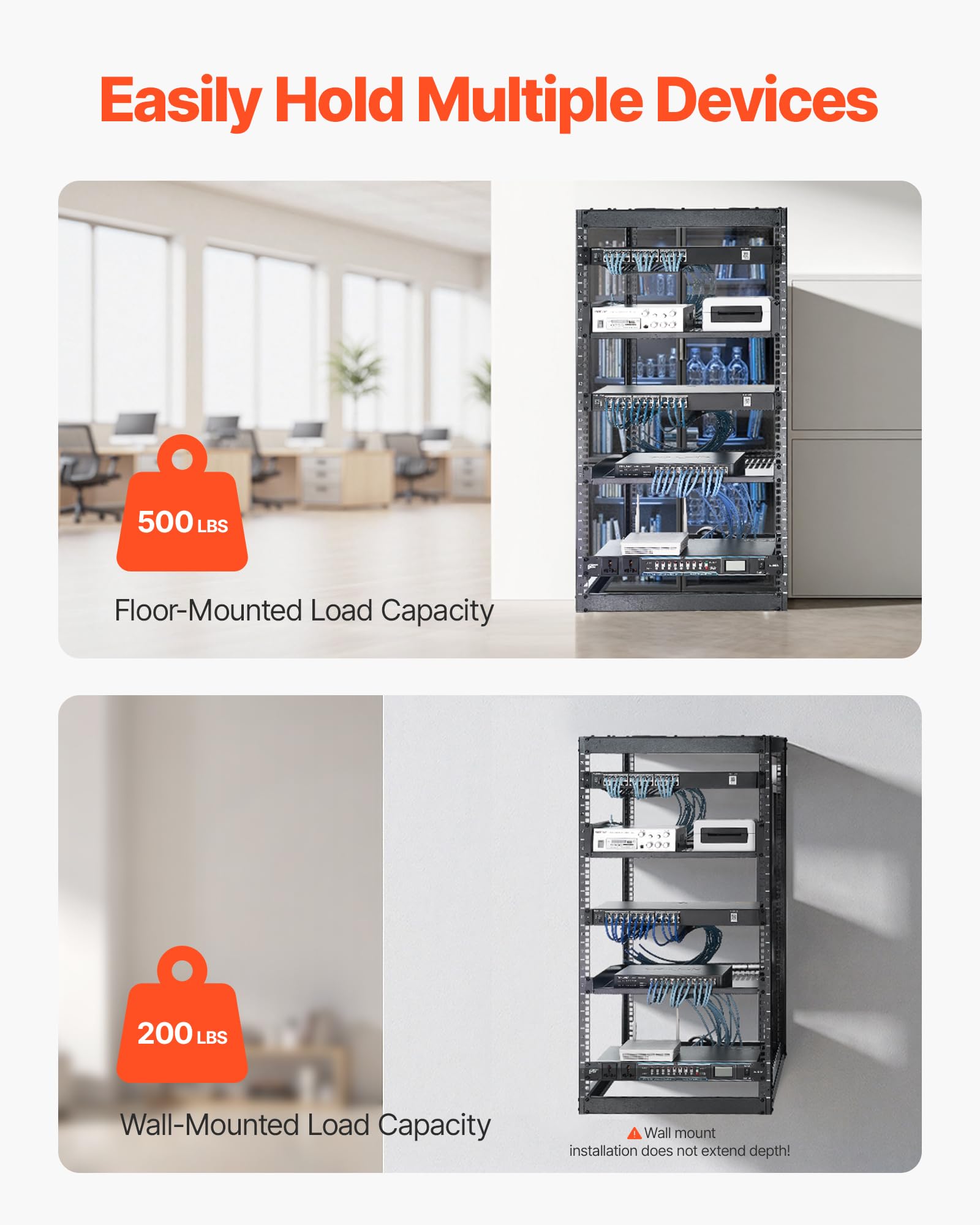 Vevor 20U Server Rack, Open Frame Network Rack,4-Post Floor Standing Or Wall Mounted, Includes 2Pcs Vented 1U Rack Shelves & Mou