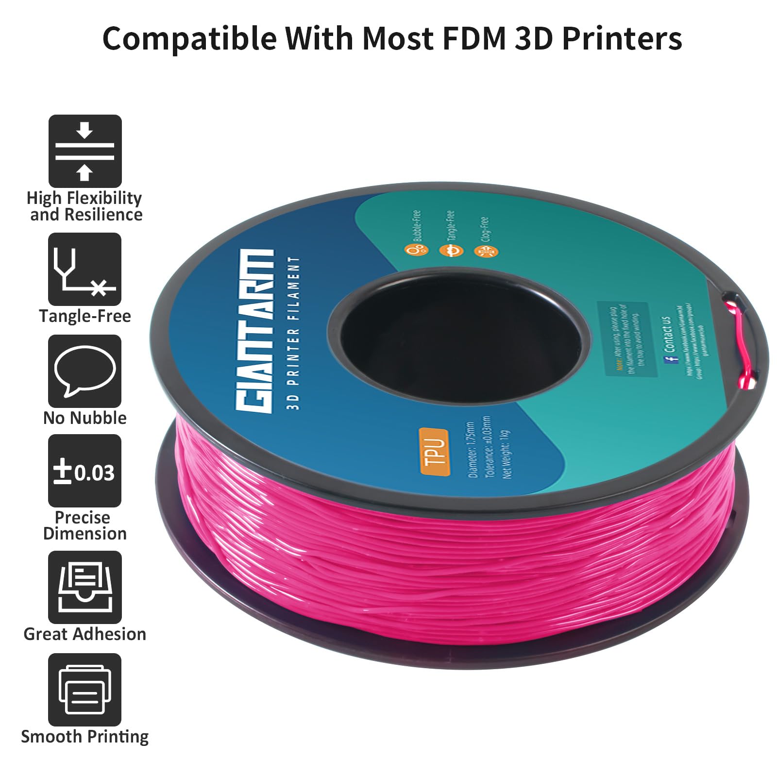 Giantarm Pink Tpu Filament, 95A Tpu Filament 1.75Mm, Dimensional Accuracy +/  0.03, Flexible Soft 3D Printer Filament 1Kg Spool(