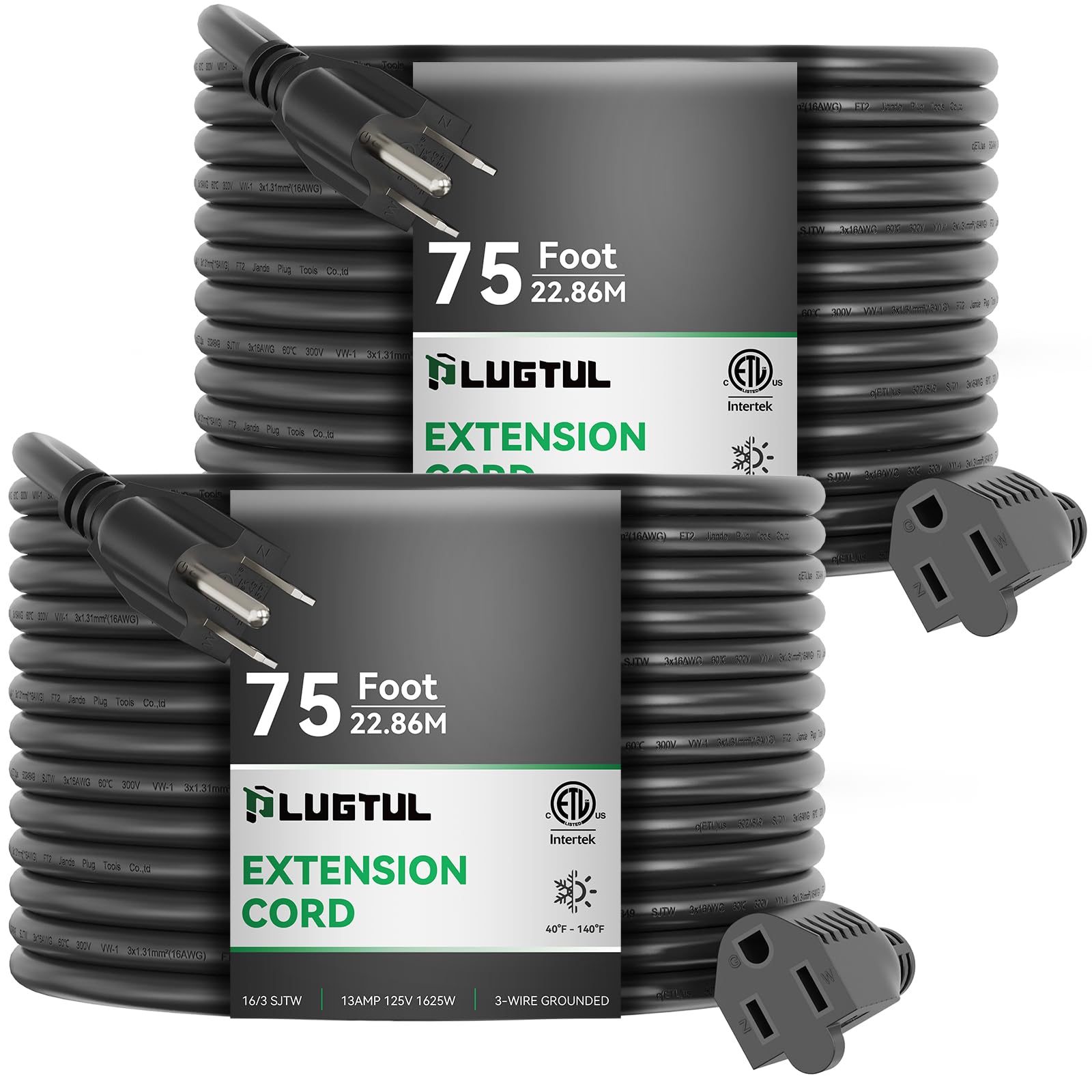 Plugtul 2 Pack Extension Cord 75Ft, 16/3 Gauge Outdoor Extension Cord Waterproof, 13A 1625W Sjtw, Etl Listed, Great For Garden A