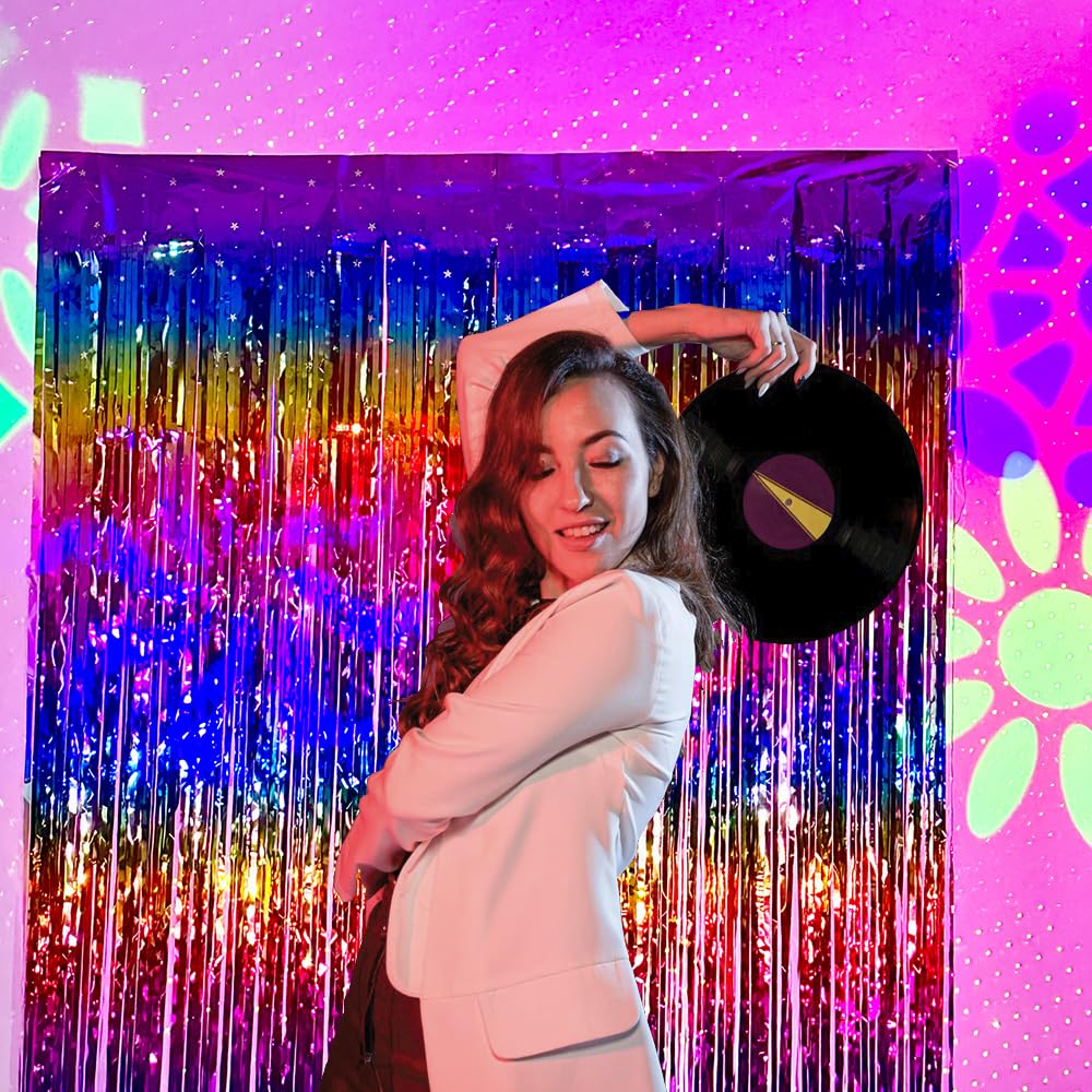 Sparkling Neon Rainbow Foil Fringe Curtain Backdrop Metallic Streamers Photo Booth Props For Birthday Bachelorette Gay Pride Day