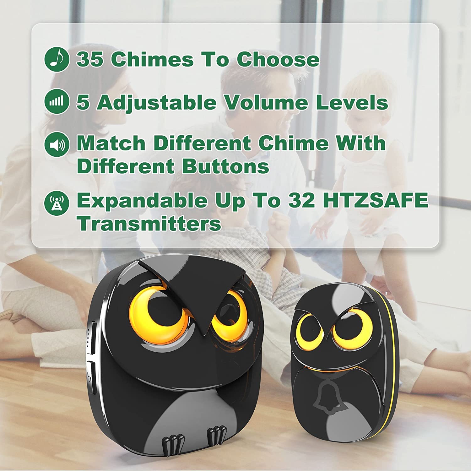 Wireless Doorbell, Cute Owl Doorbell Weatherproof Ip55 Outdoor Remote Push Button  1000 Feet Long Wireless Range  35 Classic Mel