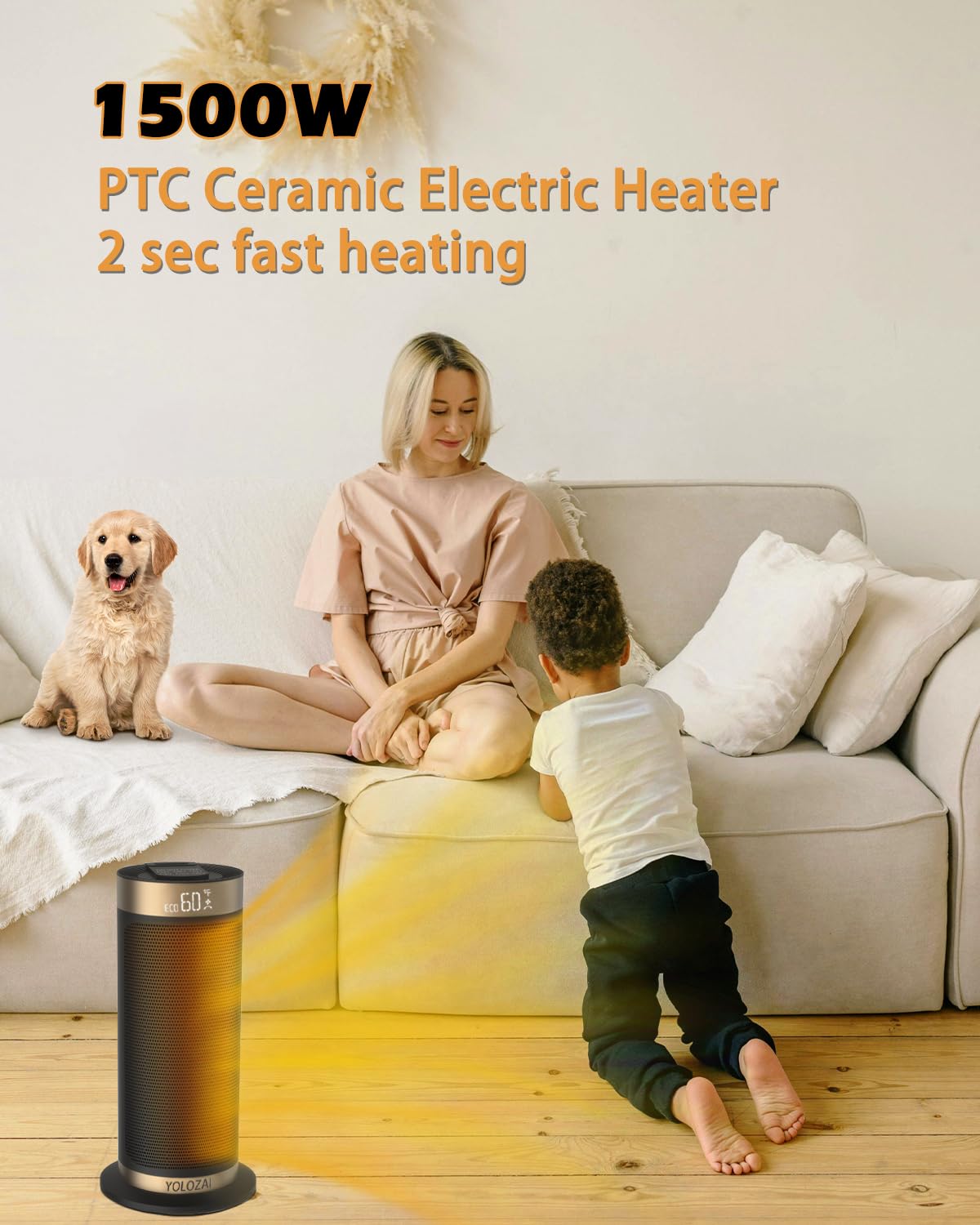 Yolozai Space Heater, 1500W Ptc Electric Heaters With Fan For Indoor Use With Remote, 90 Oscillation 1 12H Timer, Holding Temper