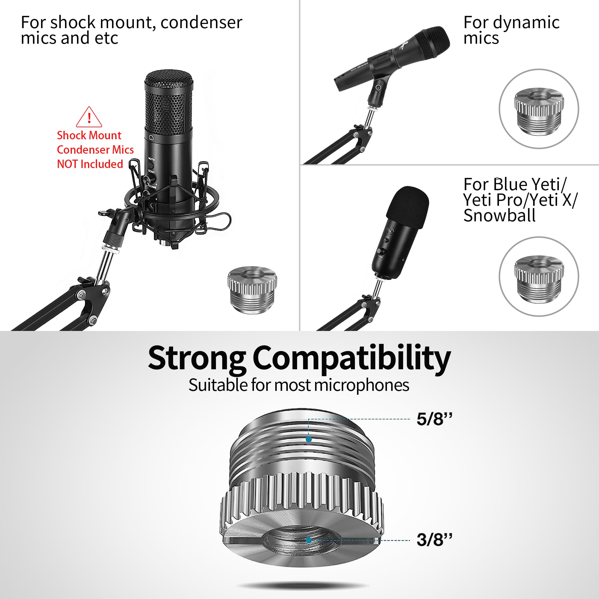 Marengo Mic Boom Arm Desk Microphone Stand Adapter Mic Holder Adjustable With 3/8  To 5/8  Screw For Blue Yeti Snowball, Hyperx