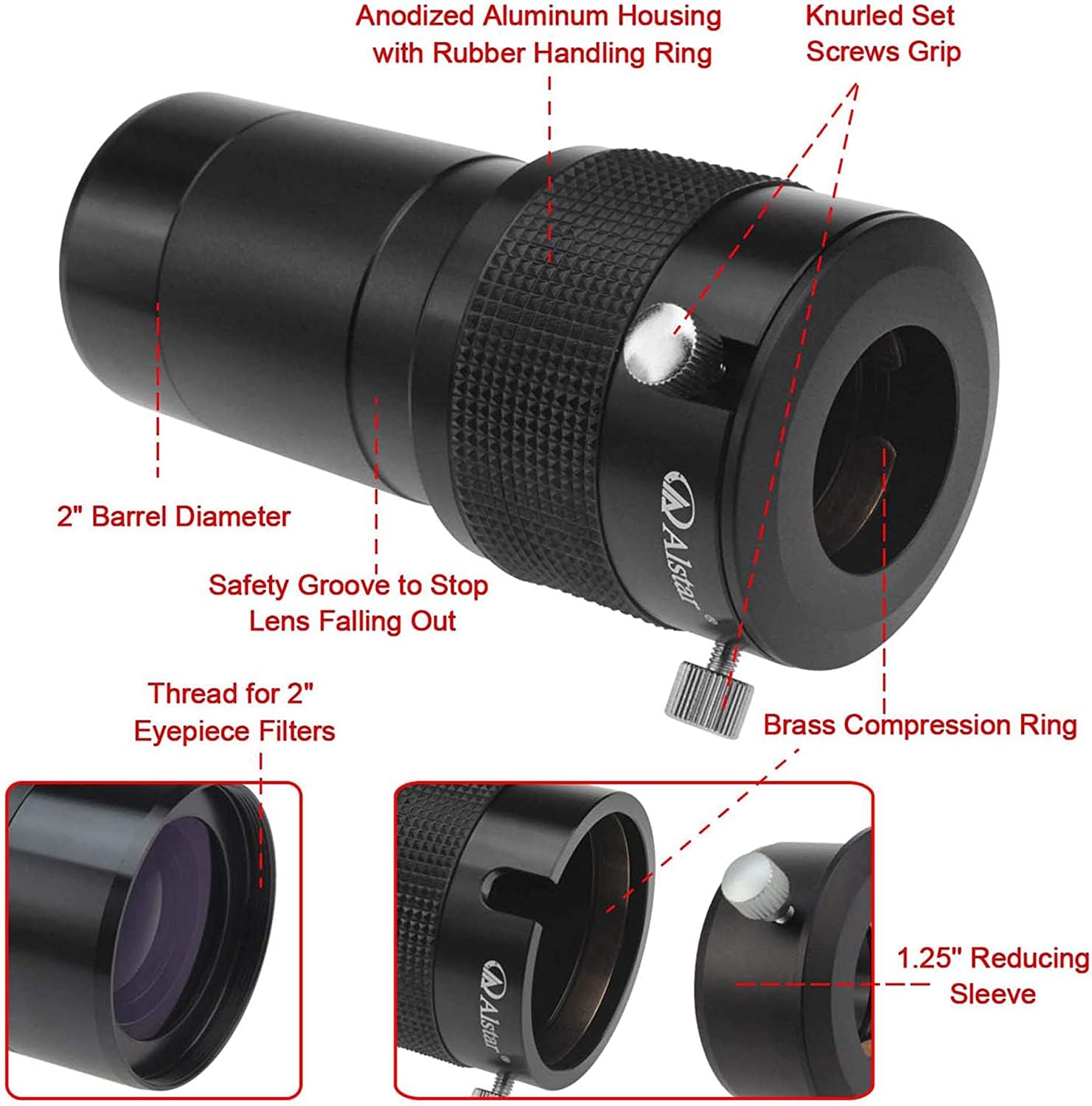 Alstar 2'' Ed 2X Dual Power Telescope Barlow Lens For Telescopes
