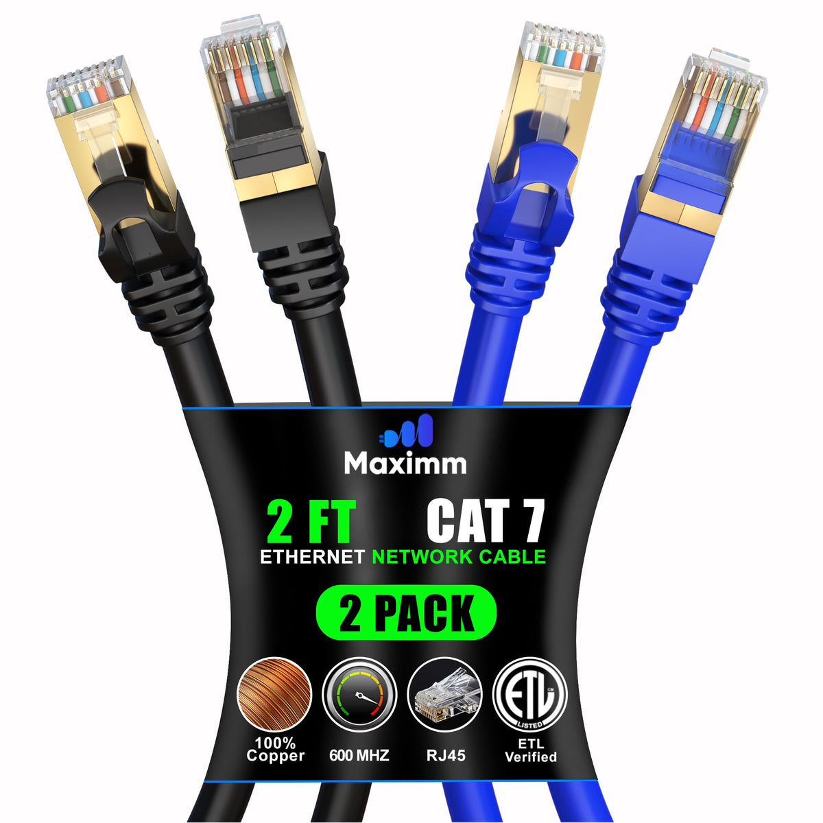 Cat 7 Ethernet Cable 2 Ft   (2 Pack) High Speed Cat7 Internet & Network Lan Patch Cables, Rj45 Connectors   Perfect For Gaming, Streaming, And More (Black And Blue)