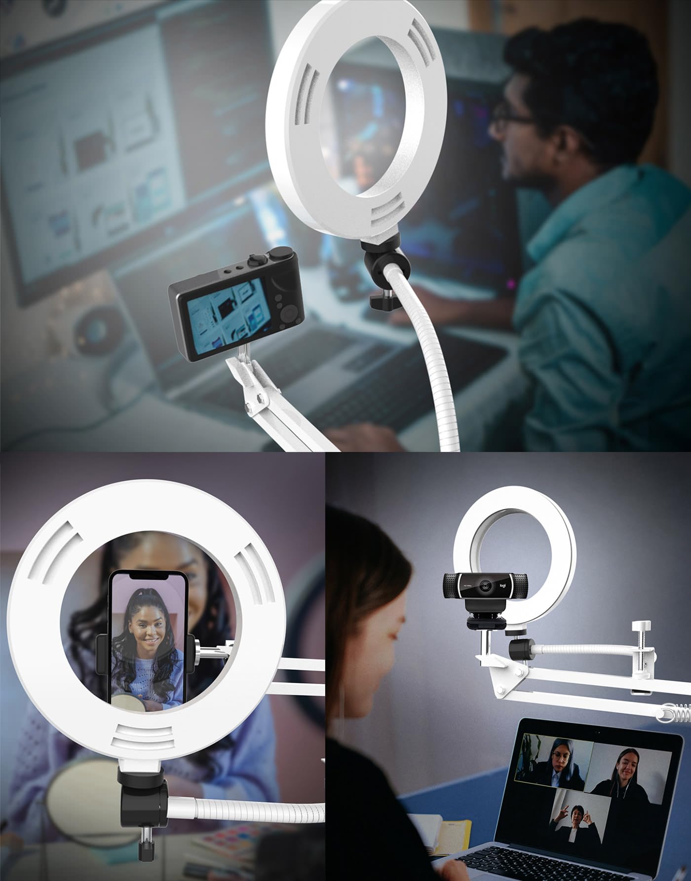 Pozliv White Overhead Camera Mount With Ring Light, Desk Flexible Articulating Phone Arm Stand Compatible With Iphone, Content C