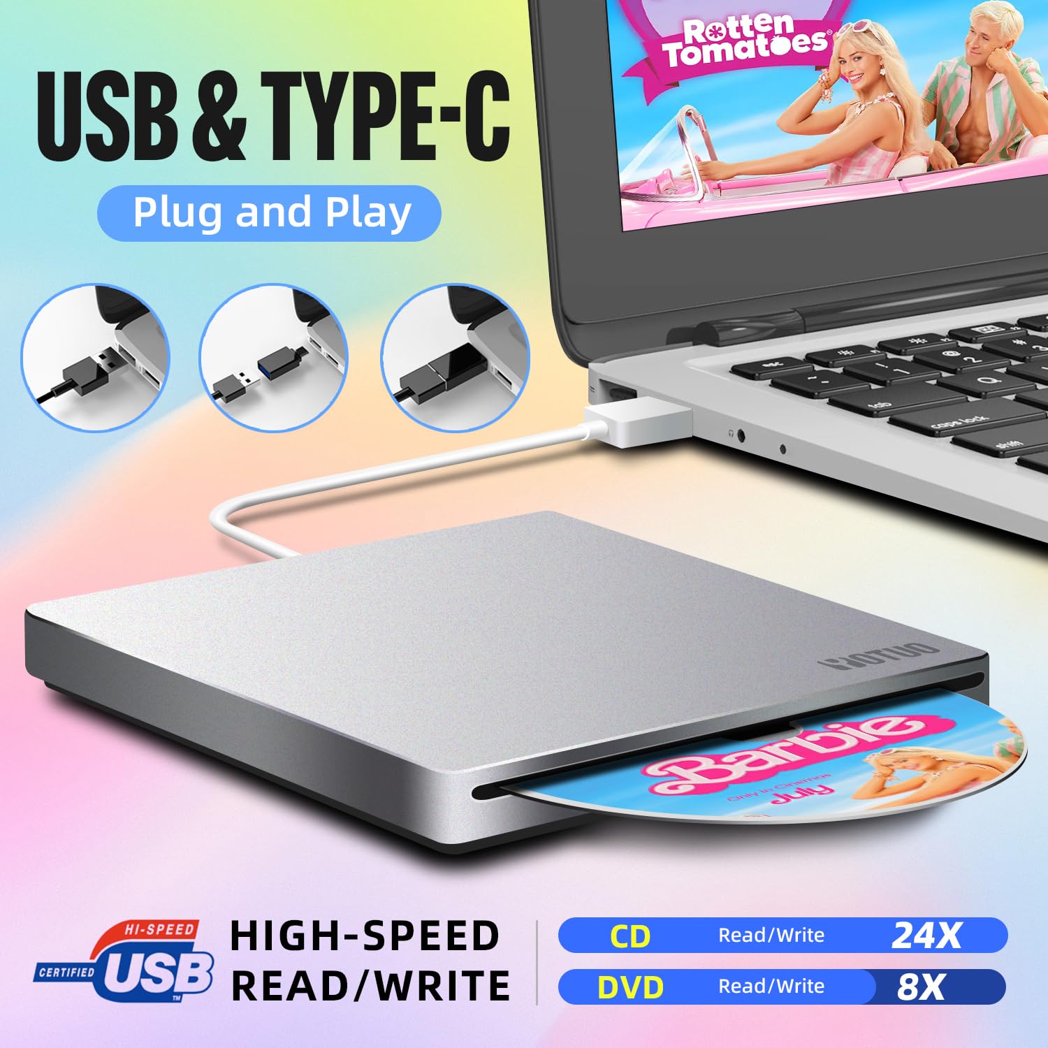 Yotuo External Dvd Drive, Portable Inhalation Usb Cd/Dvd +/ Rw Drive/Dvd Player For Laptop Cd Rom Burner Compatible With Windows