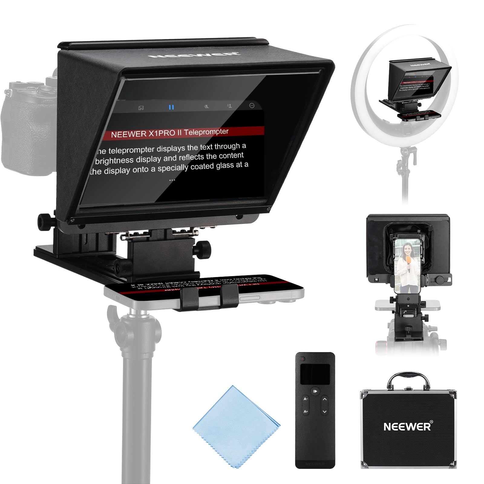 NEEWER X1 Pro II Teleprompter 9 All Metal with RT113 Remote/App Control, Quick Switch 1s Lock Arca Type QR Plate, Magnetic Phone