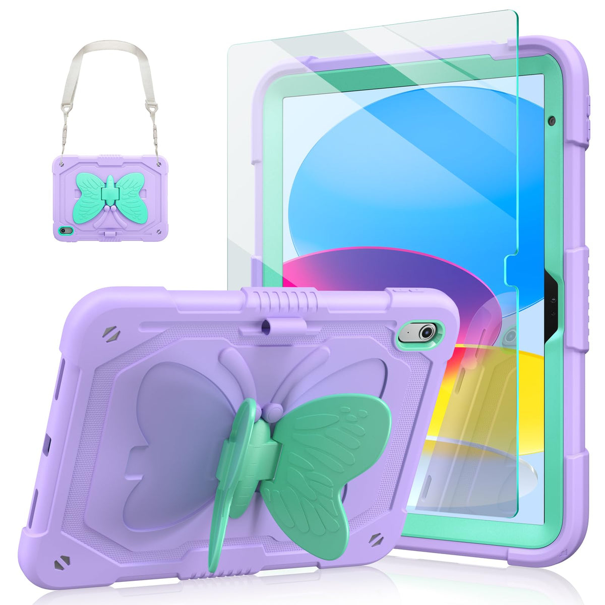 Ambison Case For Ipad 10Th Generation 2022 10.9 Inch For Kids Girls,With 9H Tempered Glass Screen Protector, Rugged Heavy Duty Shockproof Protective Case With Butterfly Stand,Carrying Strap-Purple