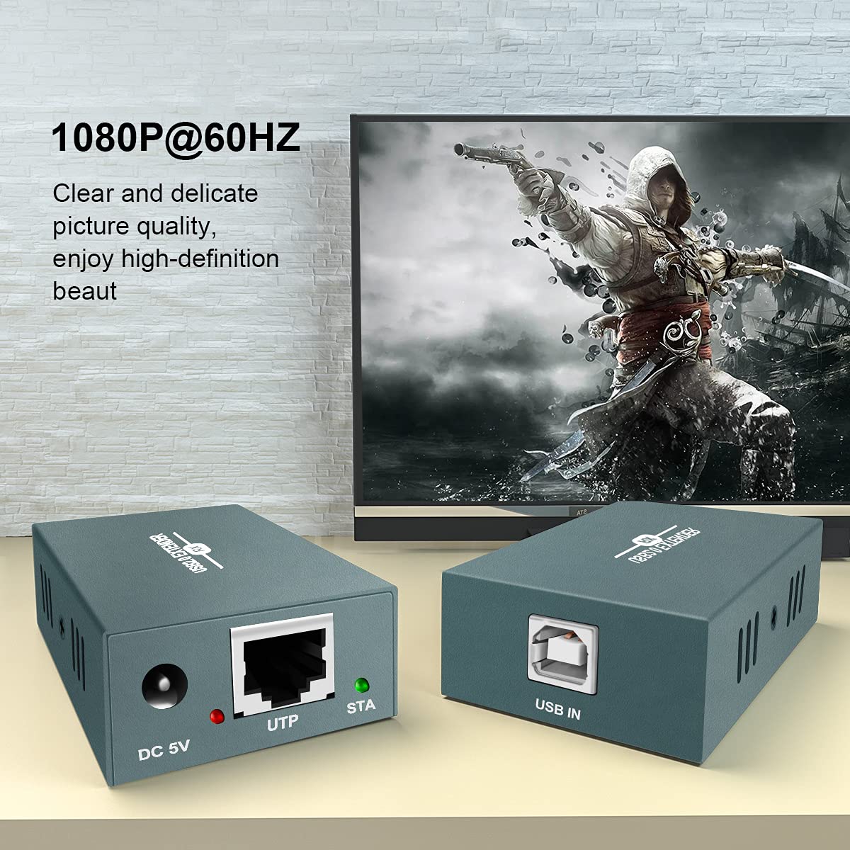 Usb Extender Over Ethernet Rj45 Lan Extension, With 4 Usb 2.0 Ports, Transmit 50M/165Ft Over Ethernet Cat5/5E/6/7, Support Power Over Cable, Play And Plug, No Driver Required