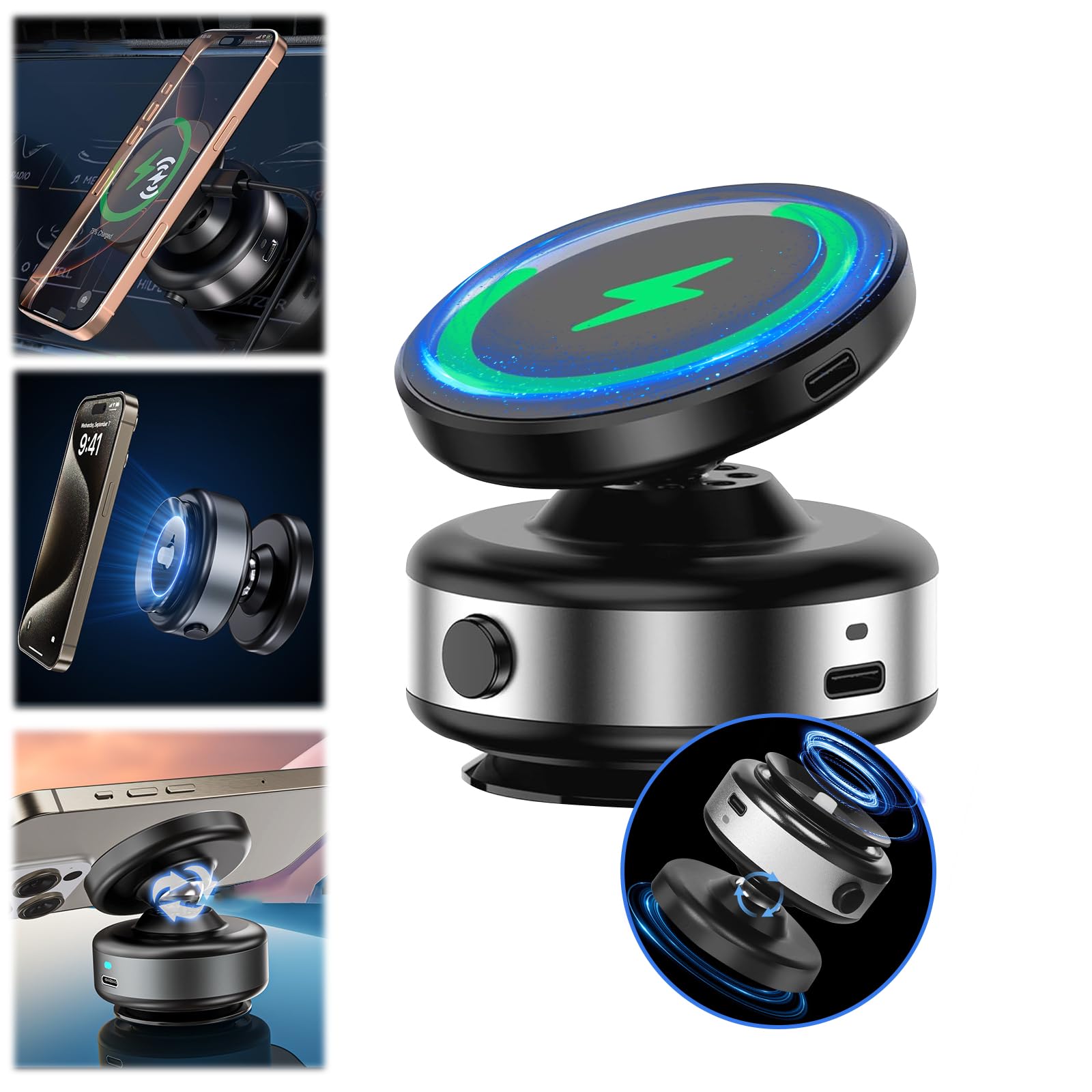 Yousheme Nixie Phone Holder 360 Adjustable Electric Vacuum Magnetic Suction Cup Phone Mount,15W Wireless Charger Car Magnetic Ph