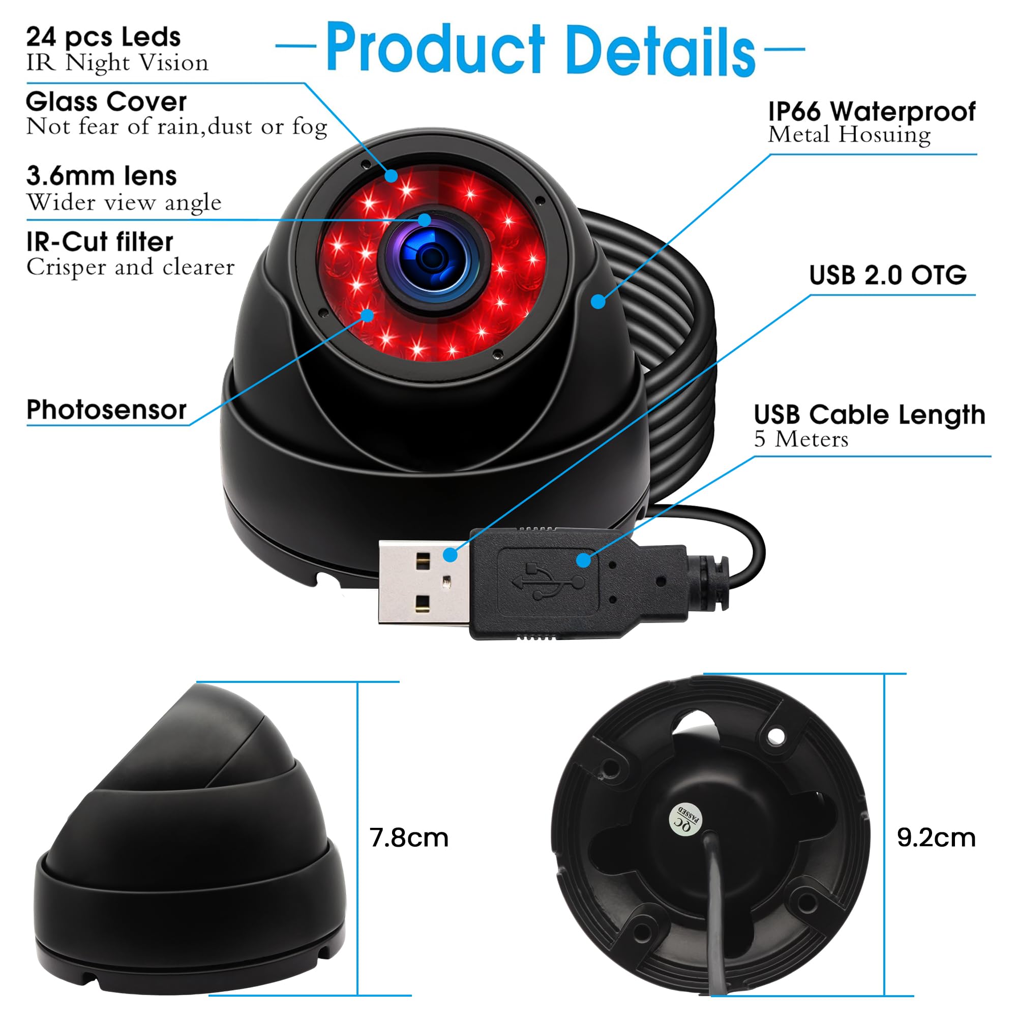 Alpcam Usb Camera Waterproof Usb Dome Camera Night Vision Webcam With 24Pcs Infrared Leds,Home Security Camera,Hd 720P Usb Camer